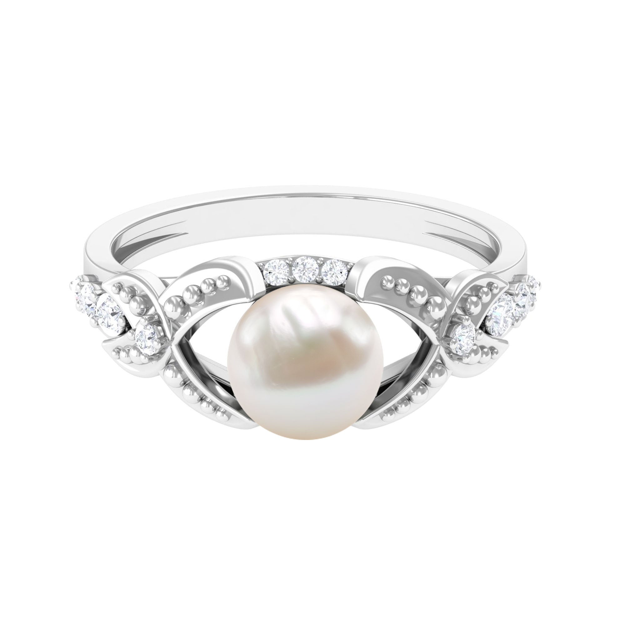 Rosec Jewels-Vintage Style 3 Carat Freshwater Pearl Engagement Ring with Diamond Split Shank