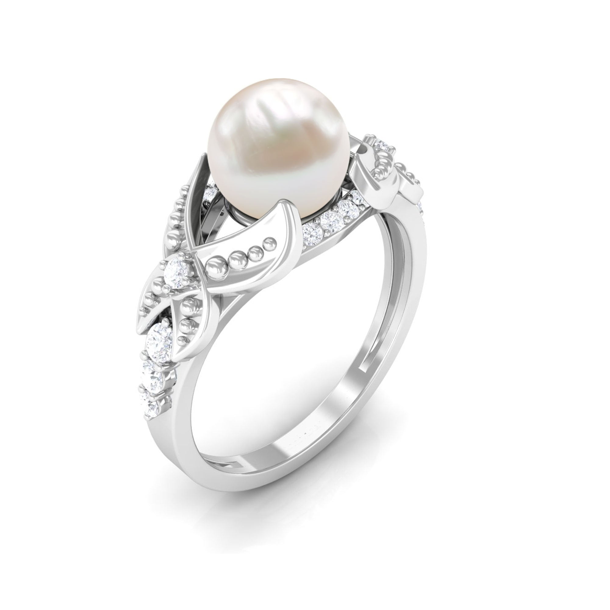 Rosec Jewels-Vintage Style 3 Carat Freshwater Pearl Engagement Ring with Diamond Split Shank