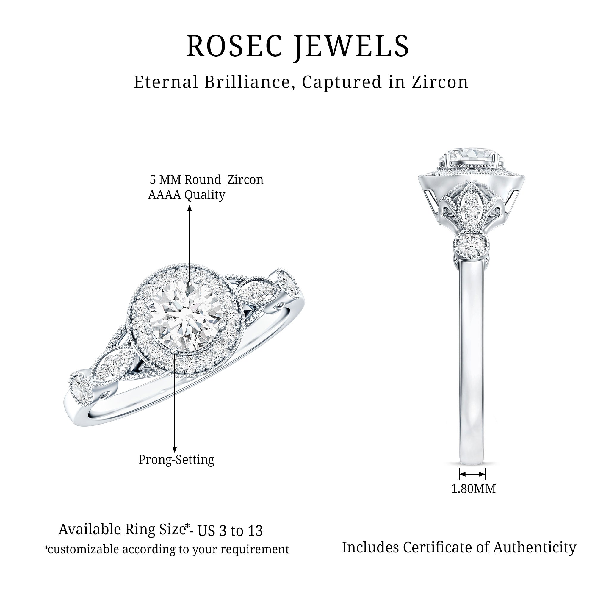 Antique Inspired Zircon Halo Engagement Ring AAAA - Rosec Jewels