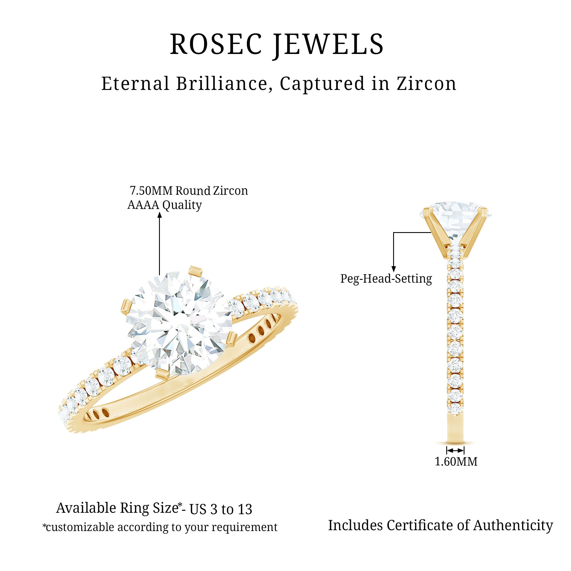 2.75 CT Zircon Solitaire Engagement Ring with Side Stones AAAA - Rosec Jewels