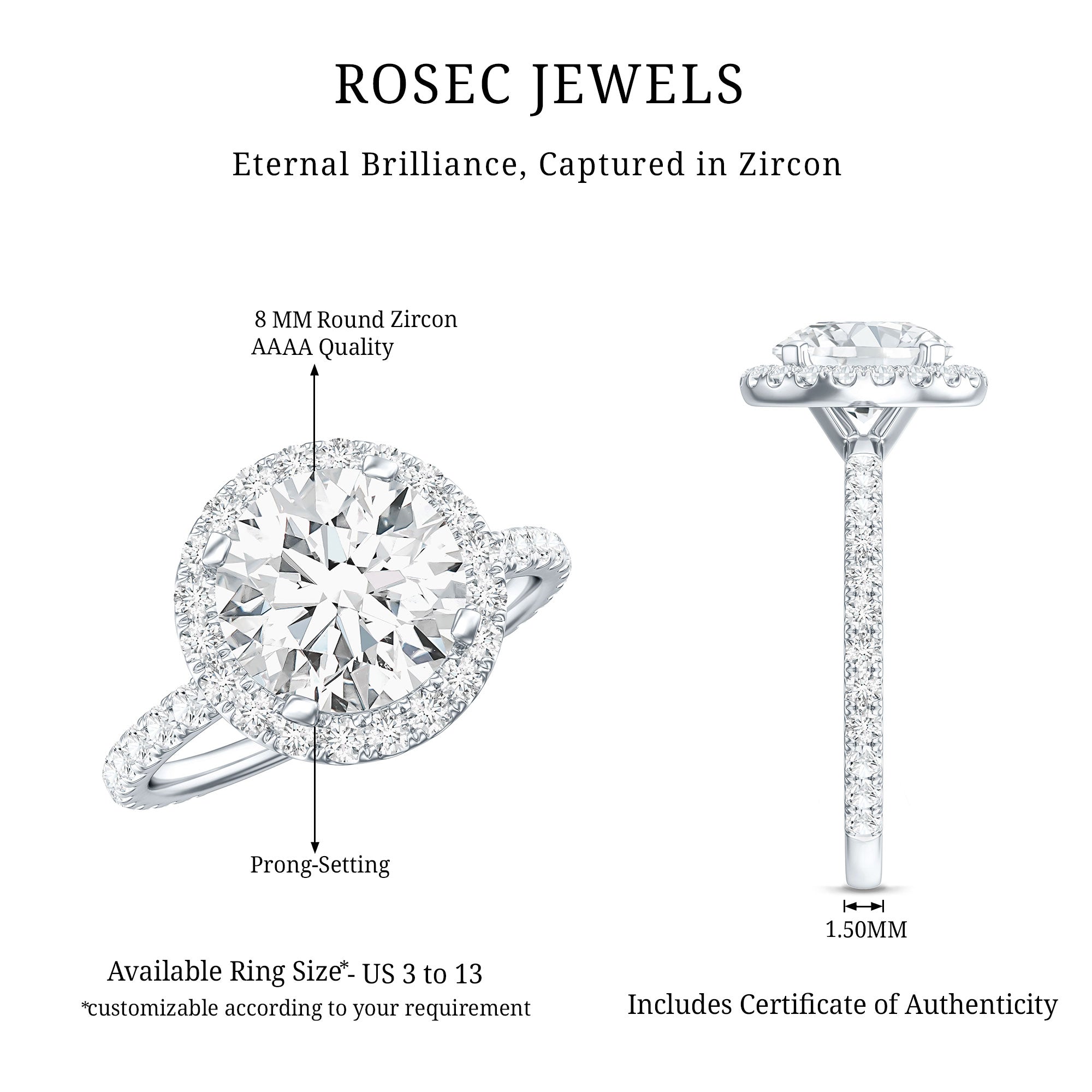 Certified Cubic Zirconia Classic Floating Halo Engagement Ring AAAA - Rosec Jewels