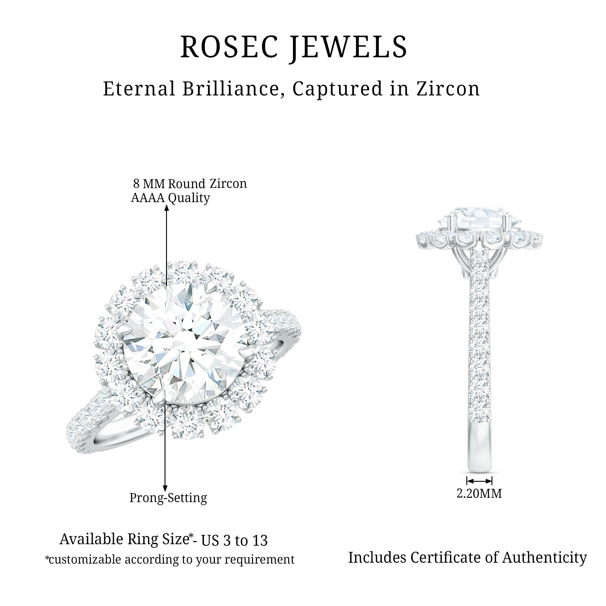 Zircon Round Engagement Ring with Floating Halo and Side Stones AAAA - Rosec Jewels