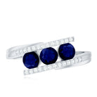 Real Blue Sapphire 3 Stone Promise Ring with Diamond Bypass Shank AAA - Rosec Jewels