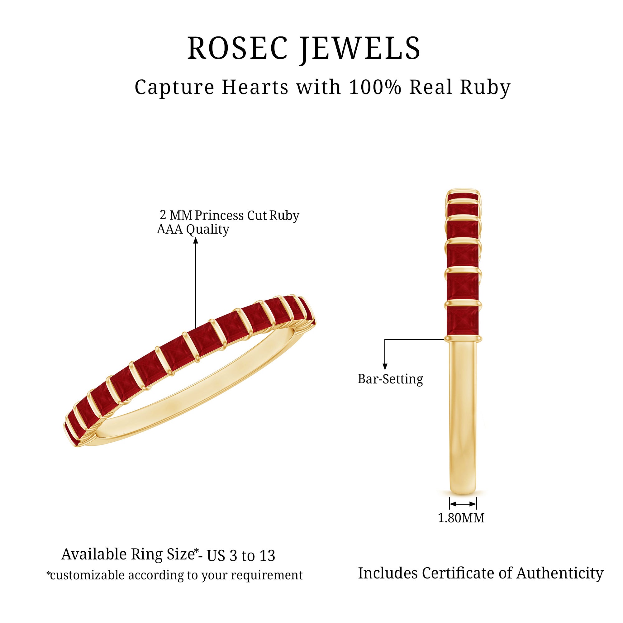Rosec Jewels-Natural Princess Cut Ruby Half Eternity Ring for Women