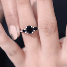 Natural Black Onyx Three Stone Engagement Ring AAA - Rosec Jewels