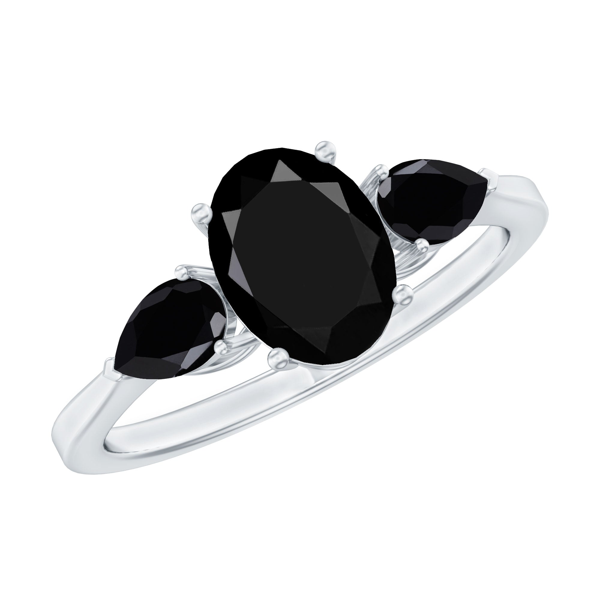 Natural Black Onyx Three Stone Engagement Ring AAA - Rosec Jewels