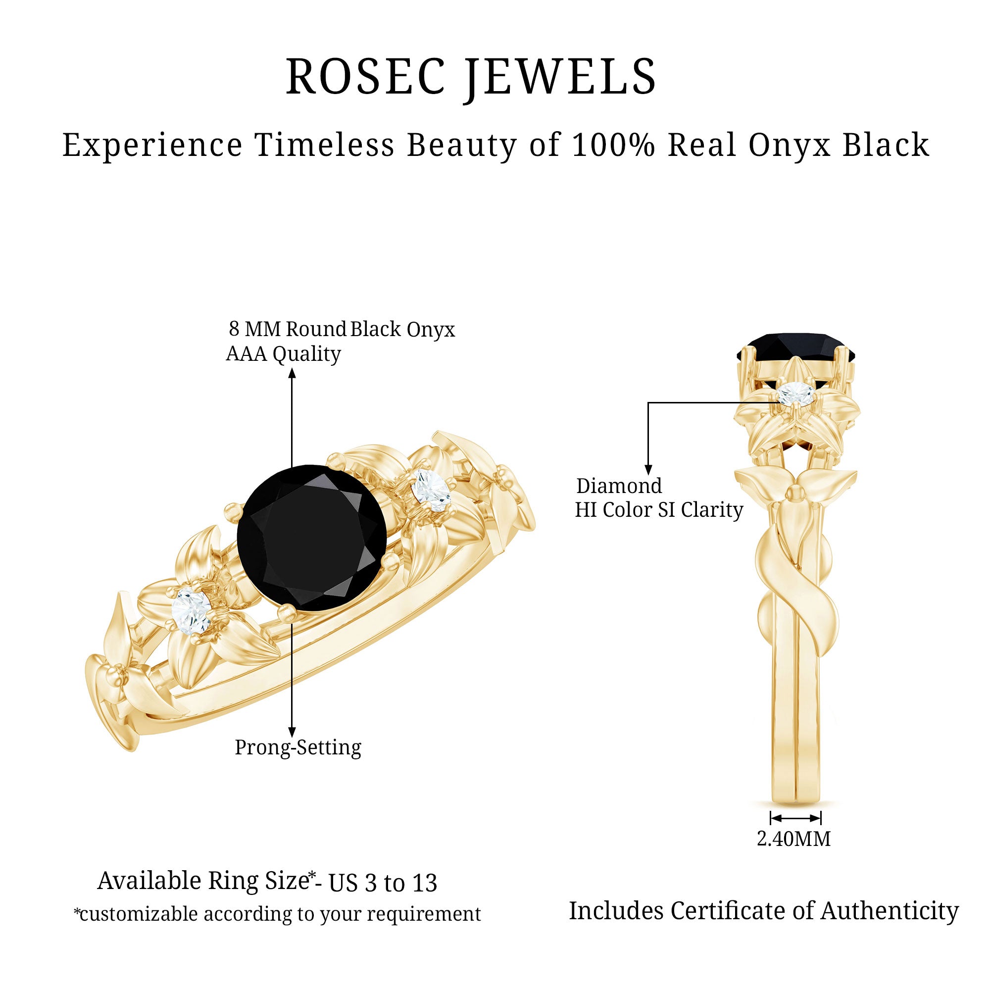 Nature Inspired Black Onyx and Diamond Engagement Ring AAA - Rosec Jewels