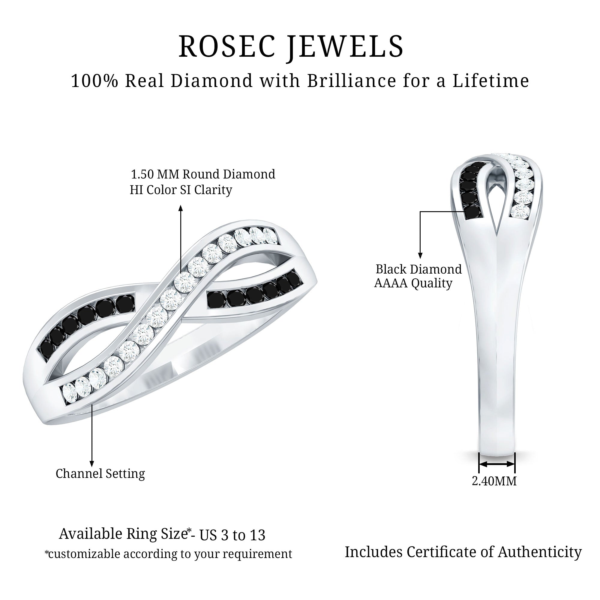 Certified Lab Grown Black and White Diamond Infinity Promise Band AAAA ( Synthetic ) - Rosec Jewels