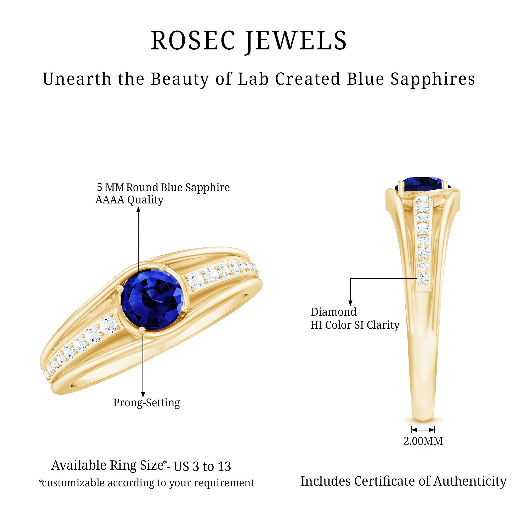 Rosec Jewels-1 CT Created Blue Sapphire and Diamond Classic Engagement Ring