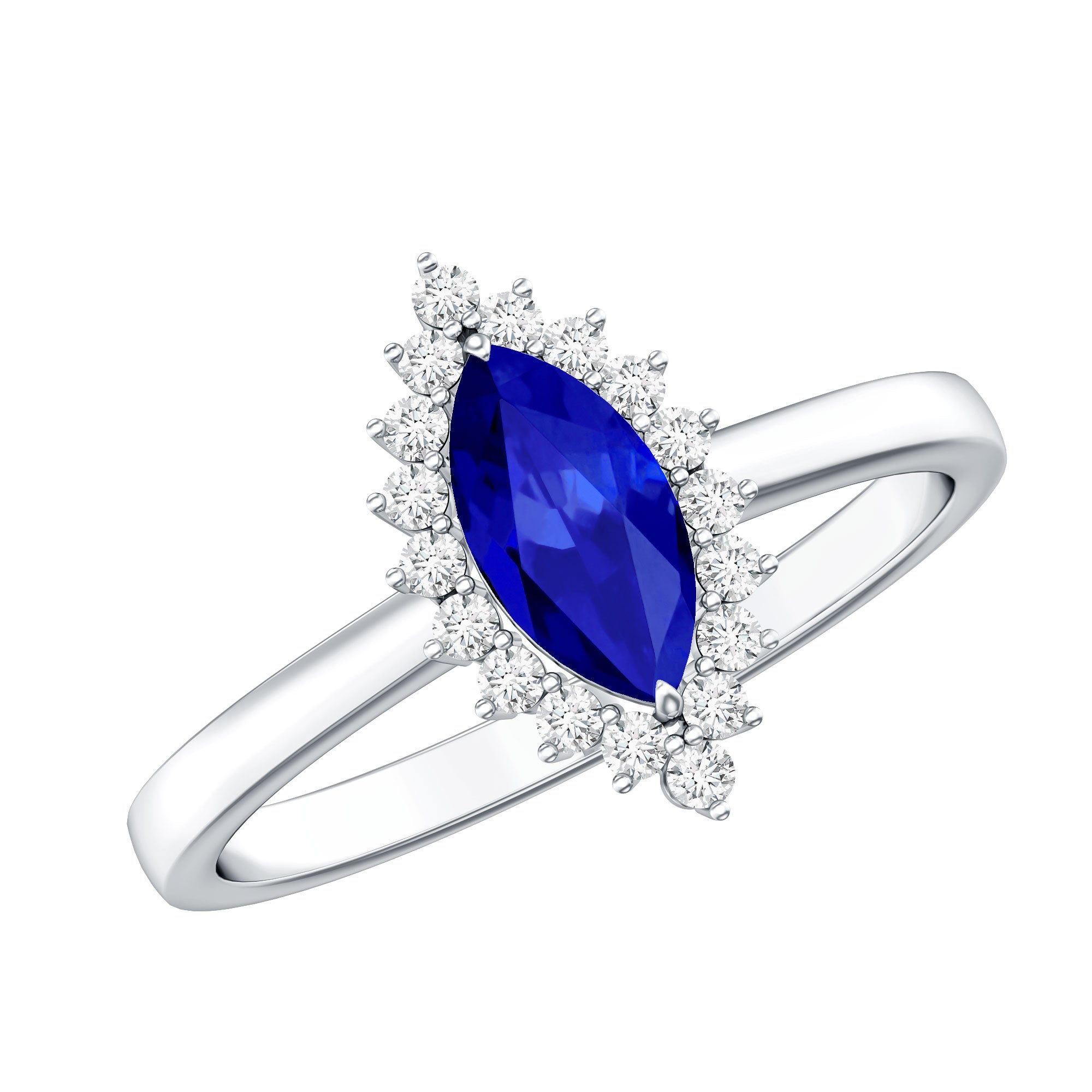 Rosec Jewels-Marquise Cut Lab Grown Blue Sapphire and Diamond Halo Engagement Ring