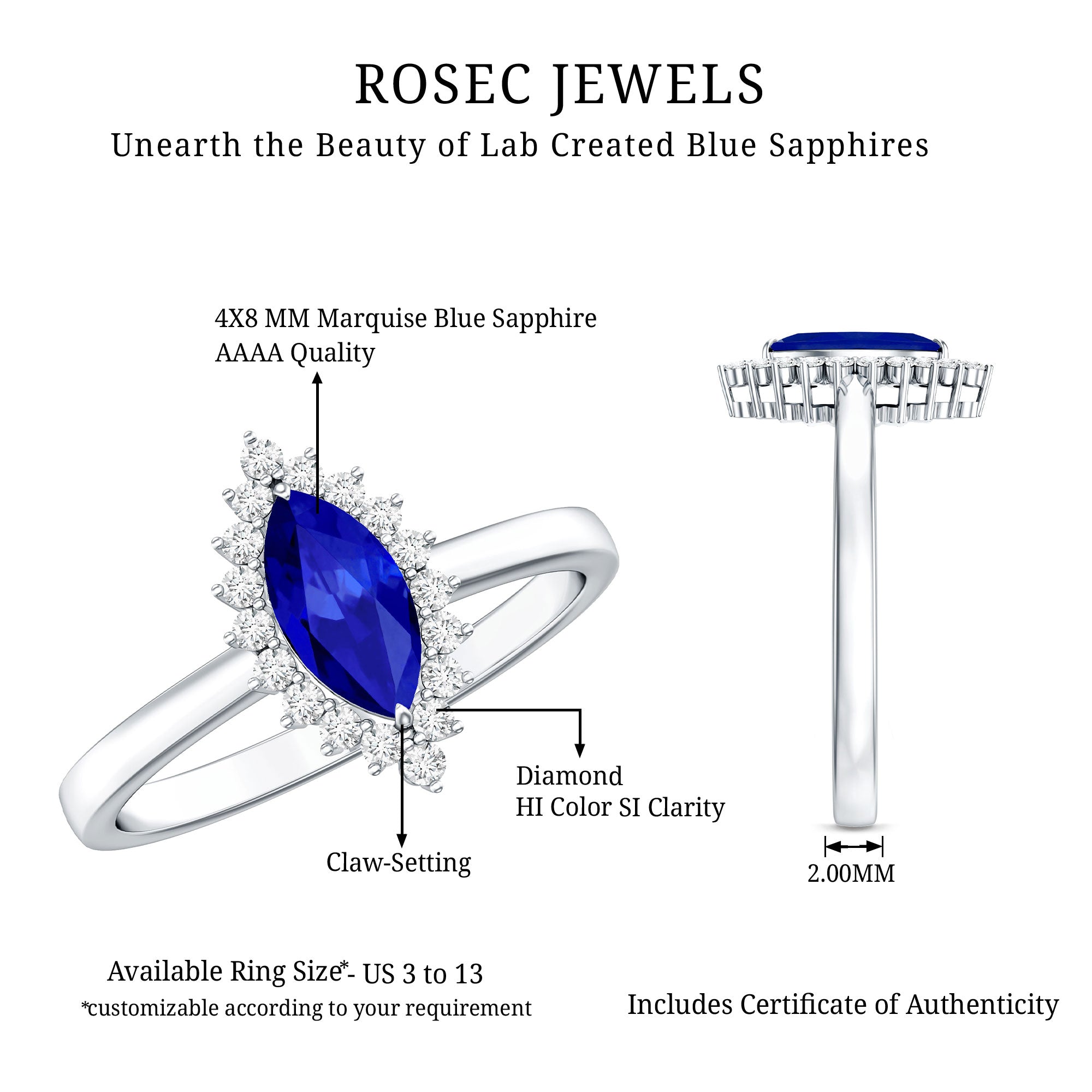 Rosec Jewels-Marquise Cut Lab Grown Blue Sapphire and Diamond Halo Engagement Ring