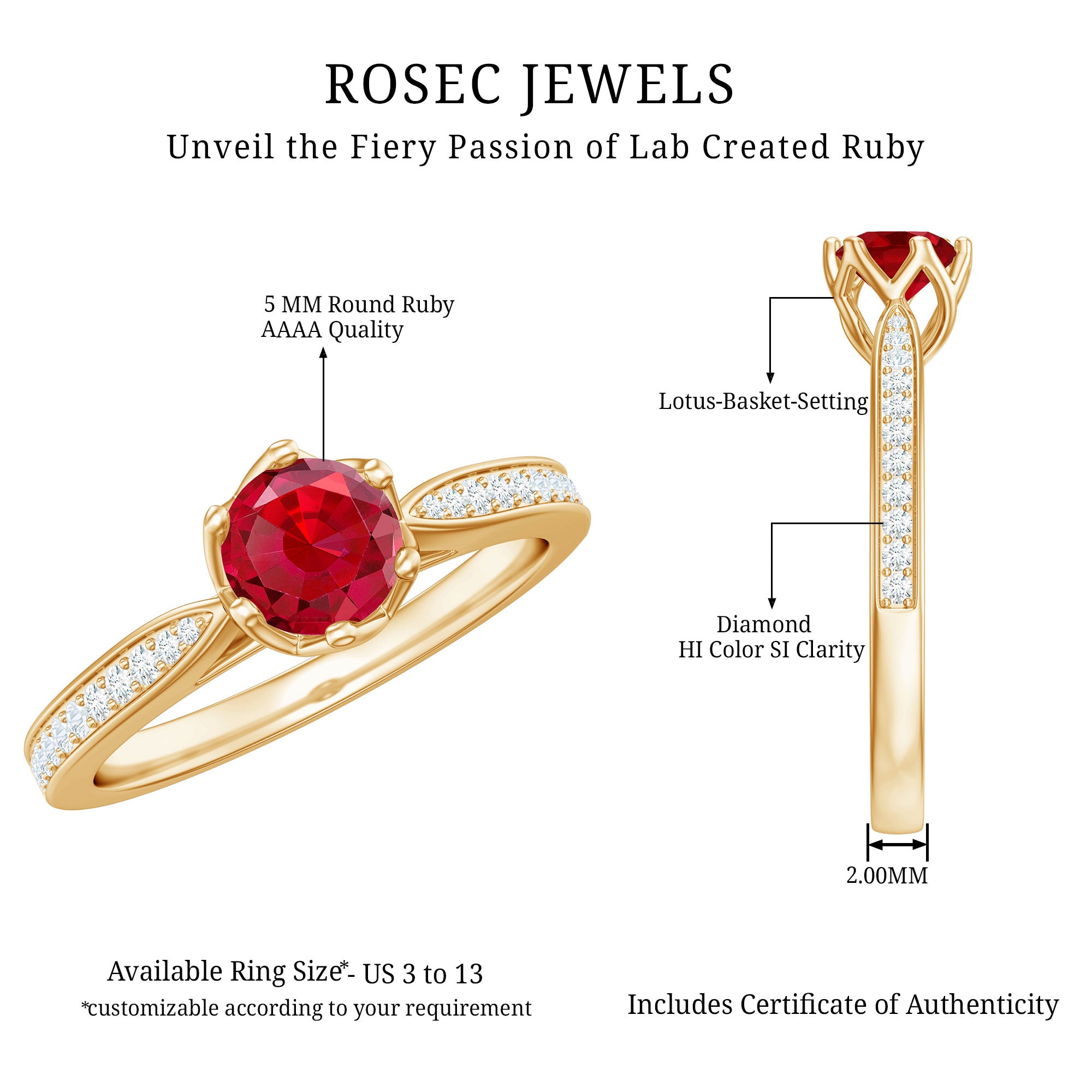 Rosec Jewels-1 CT Round Shape Created Ruby Solitaire Engagement Ring with Diamond