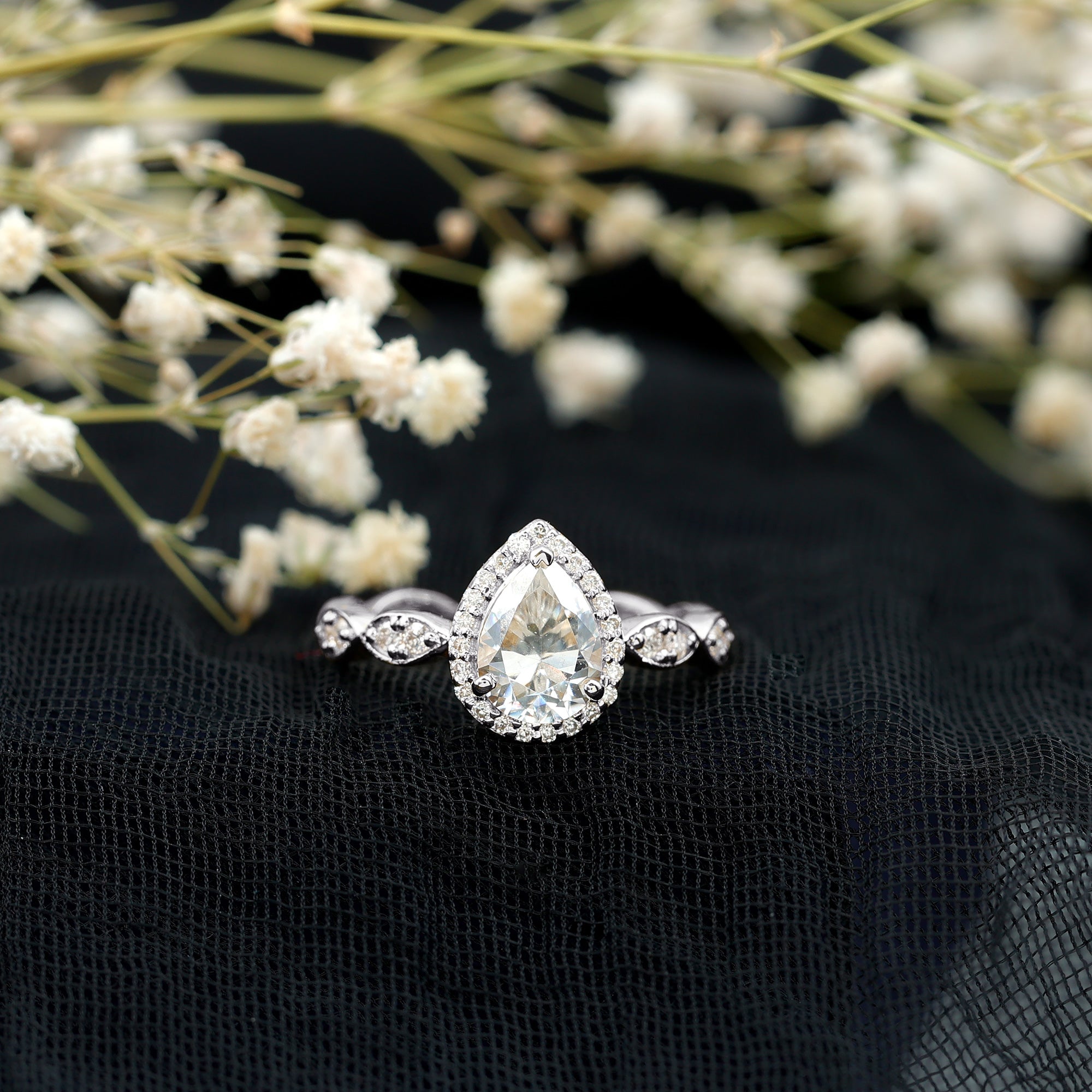 Cubic Zirconia Pear Halo Engagement Ring with Side Stones AAAA - Rosec Jewels