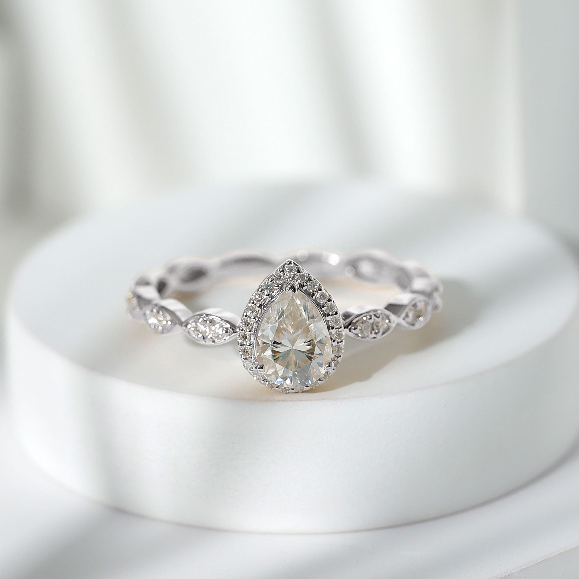 Cubic Zirconia Pear Halo Engagement Ring with Side Stones AAAA - Rosec Jewels