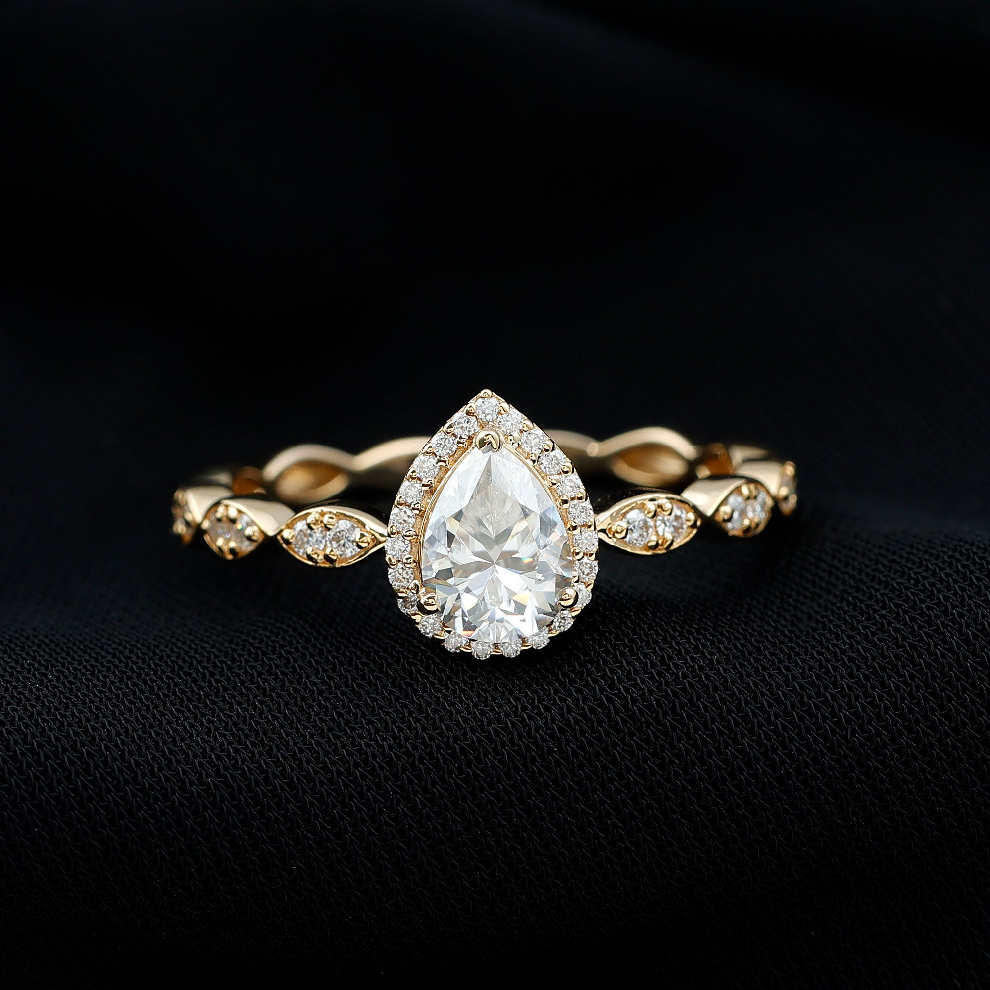 Cubic Zirconia Pear Halo Engagement Ring with Side Stones AAAA - Rosec Jewels