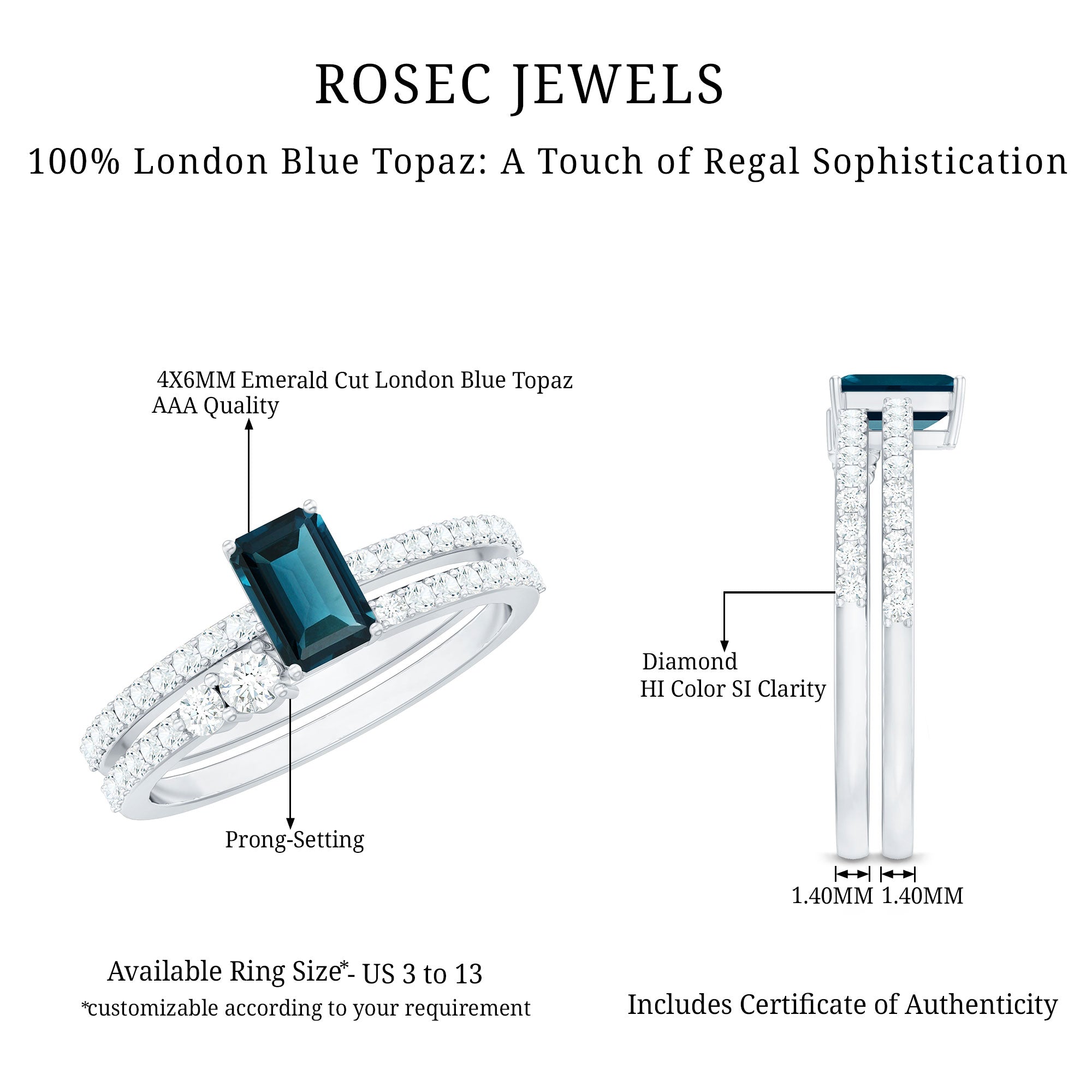 4X6mm Emerald Cut London Blue Topaz Wedding Ring Set with Diamond AAA - Rosec Jewels