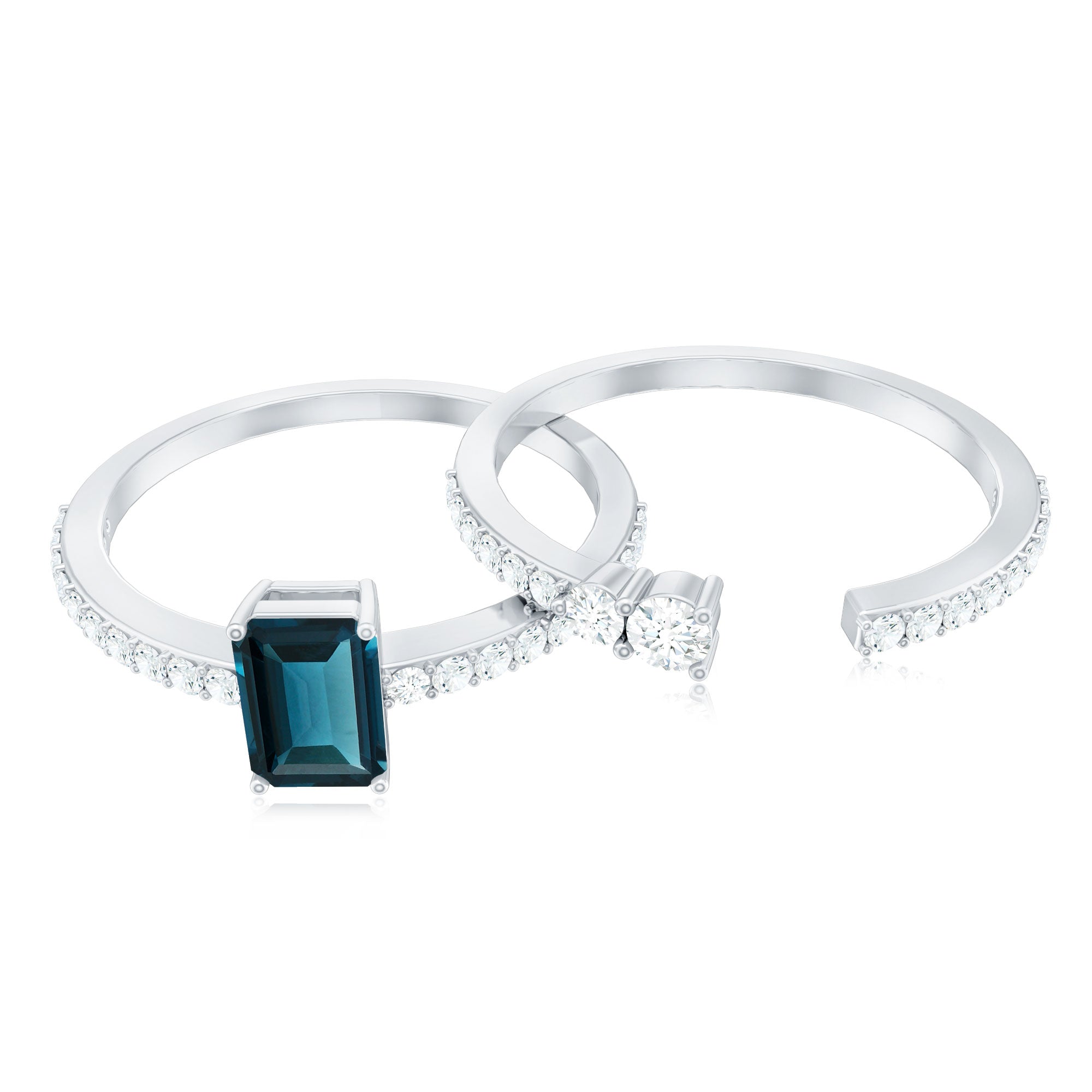 4X6mm Emerald Cut London Blue Topaz Wedding Ring Set with Diamond AAA - Rosec Jewels