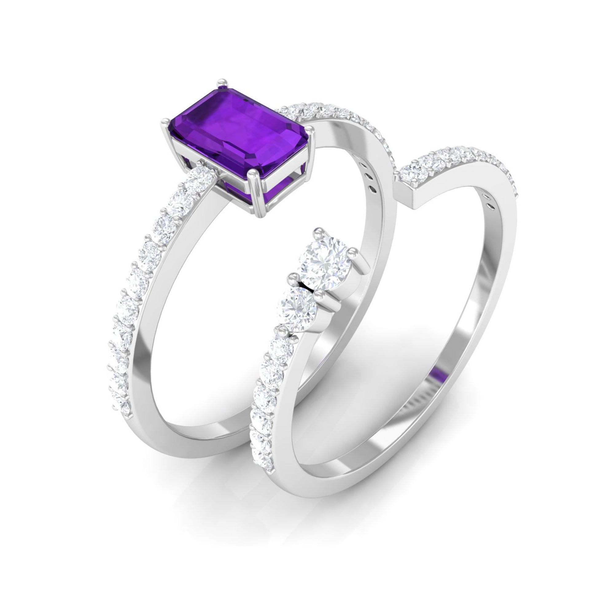 Rosec Jewels-Natural 1.4 Carat Emerald Cut Amethyst Diamond Wedding Bridal Ring Set