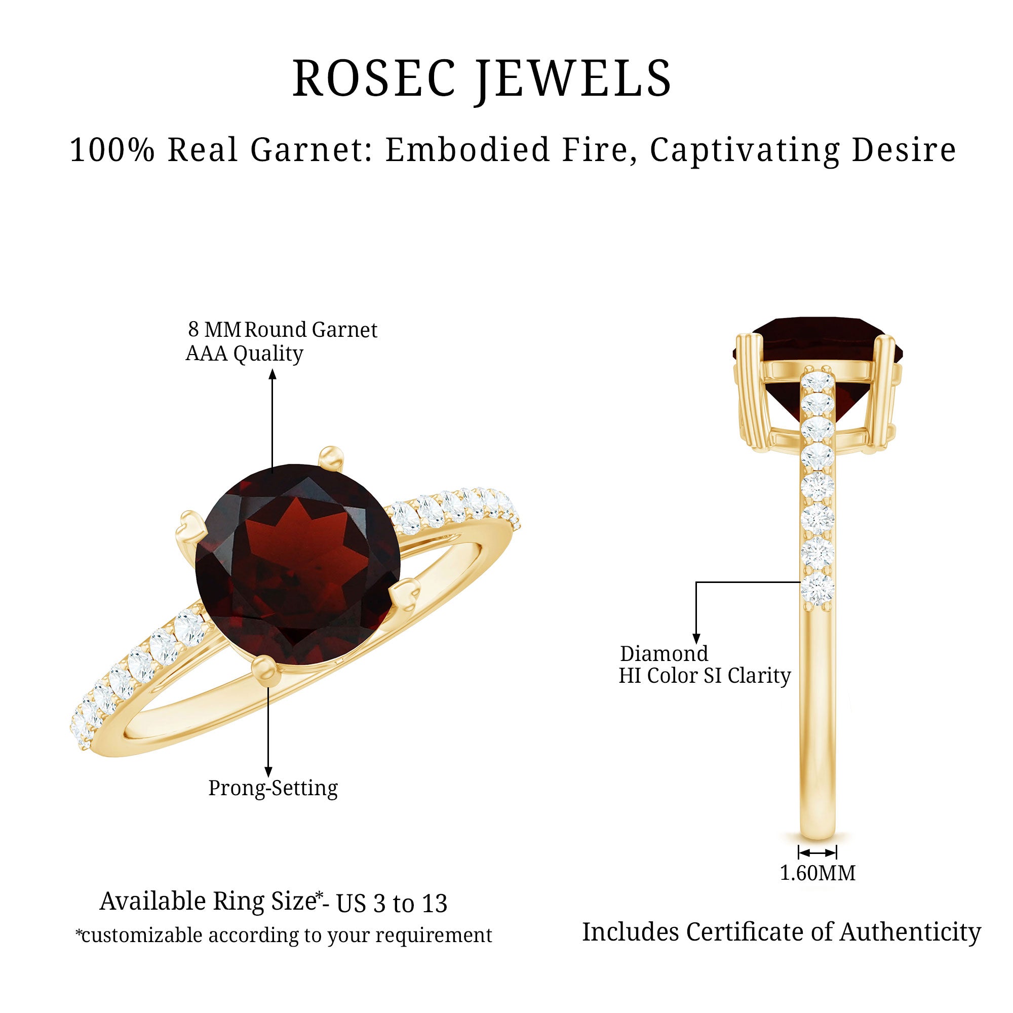 Certified Natural 8mm Garnet Big Engagement Ring with Diamond AAA - Rosec Jewels