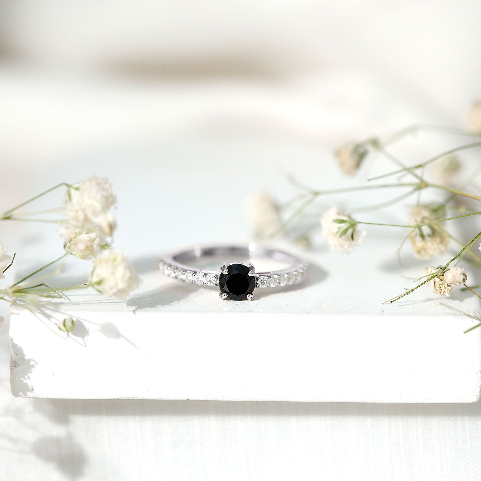 Rosec Jewels-Round Black Onyx Promise Ring with Diamond Side Stones