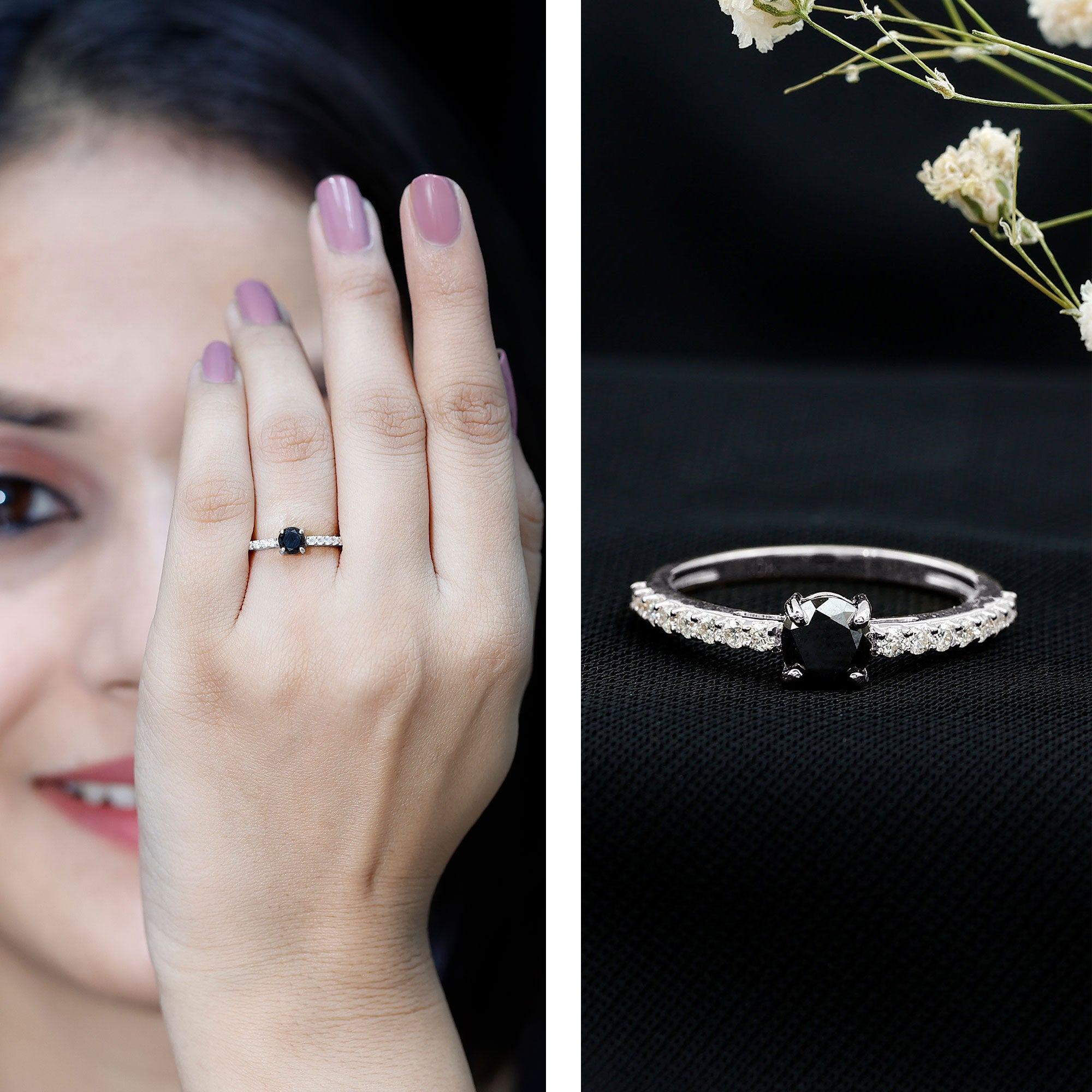 Rosec Jewels-Round Black Onyx Promise Ring with Diamond Side Stones