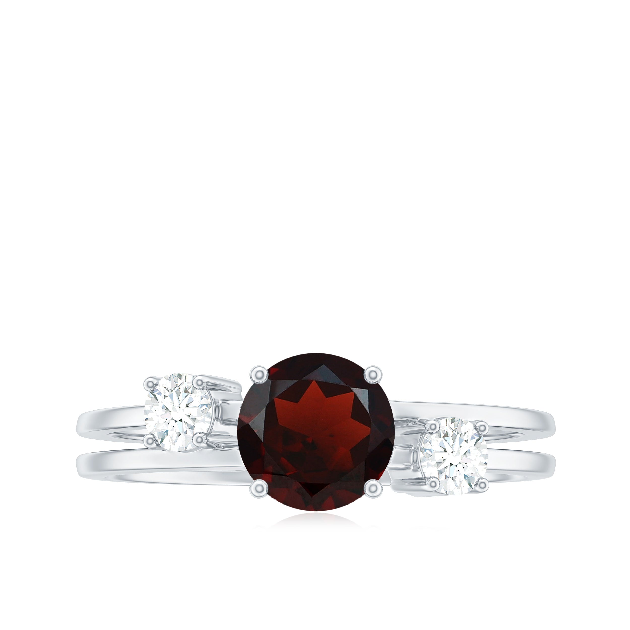 Genuine 8mm Garnet Diamond Double Band Engagement Ring AAA - Rosec Jewels