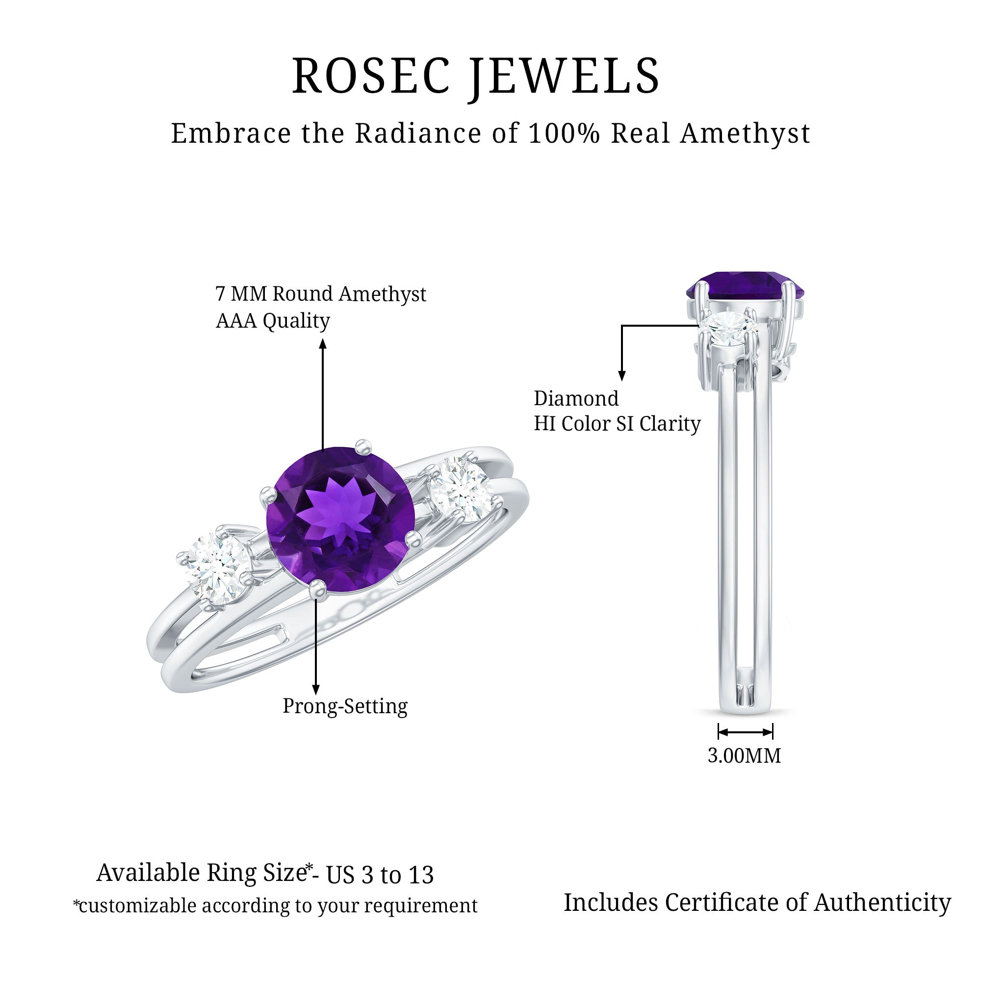 Natural 1.2 Carat Amethyst Double Band Engagement Ring with Diamond AAA - Rosec Jewels