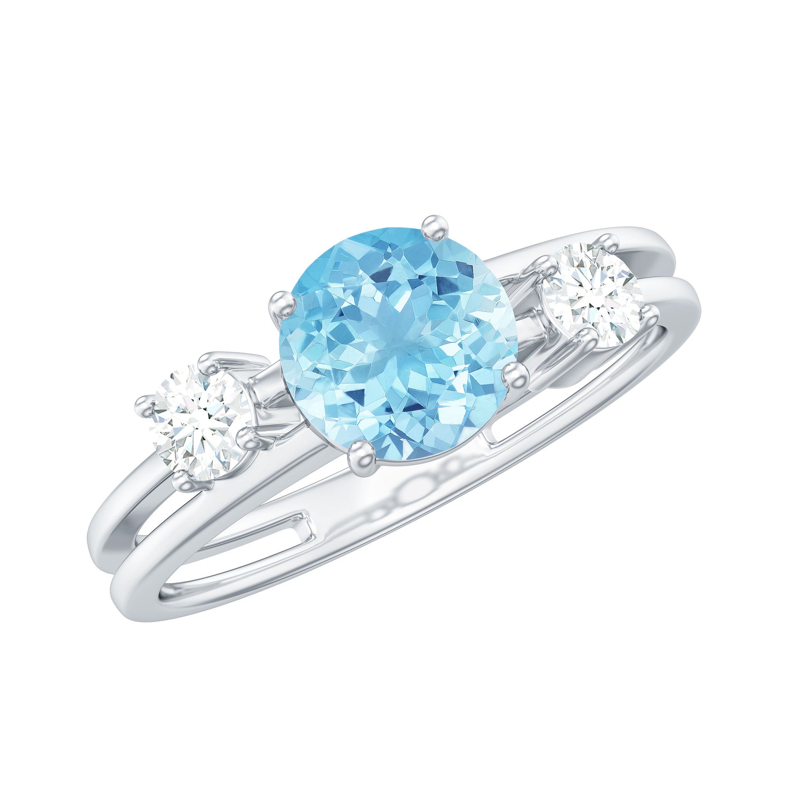 0.8 Carat Aquamarine and Diamond 3 Stone Engagement Ring with Double Band Shank AAA - Rosec Jewels