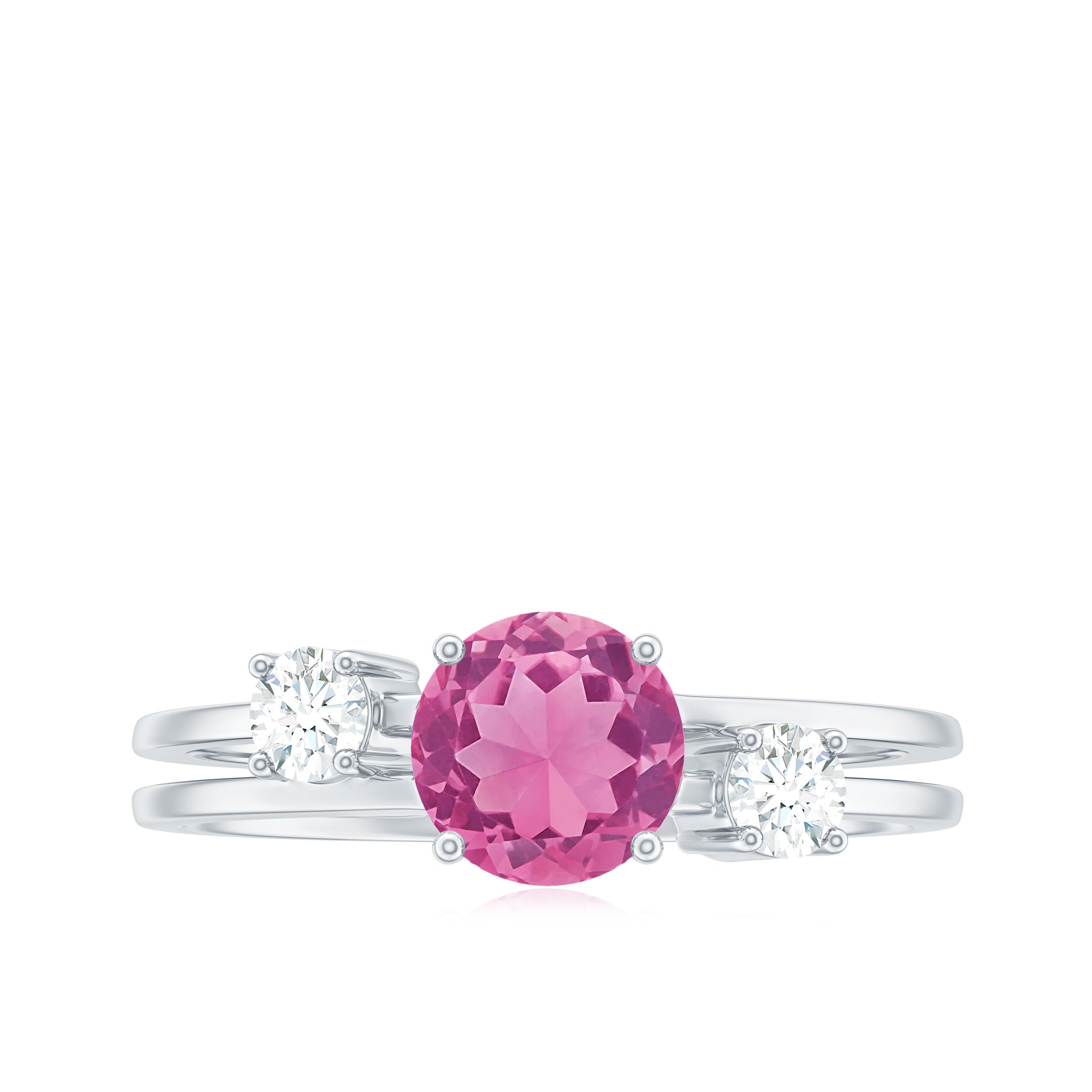 1 CT Genuine Pink Tourmaline Solitaire Double Band Ring with Diamond AAA - Rosec Jewels