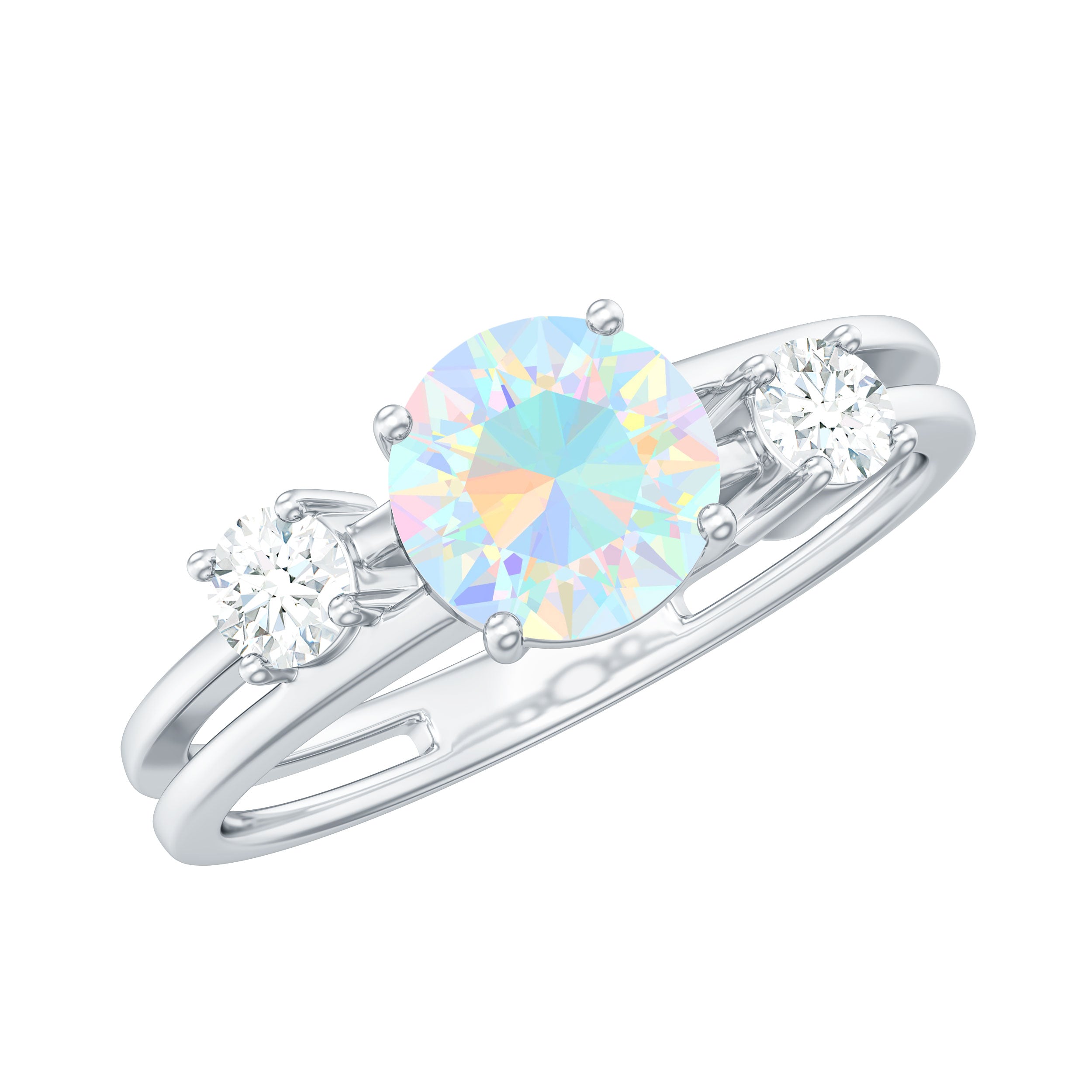Natural Ethiopian Rainbow Opal Diamond Three Stone Engagement Ring