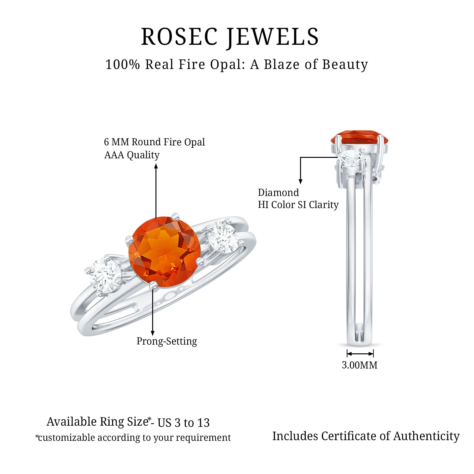 Rosec Jewels-Double Band Engagement Ring with Fire Opal and Diamond