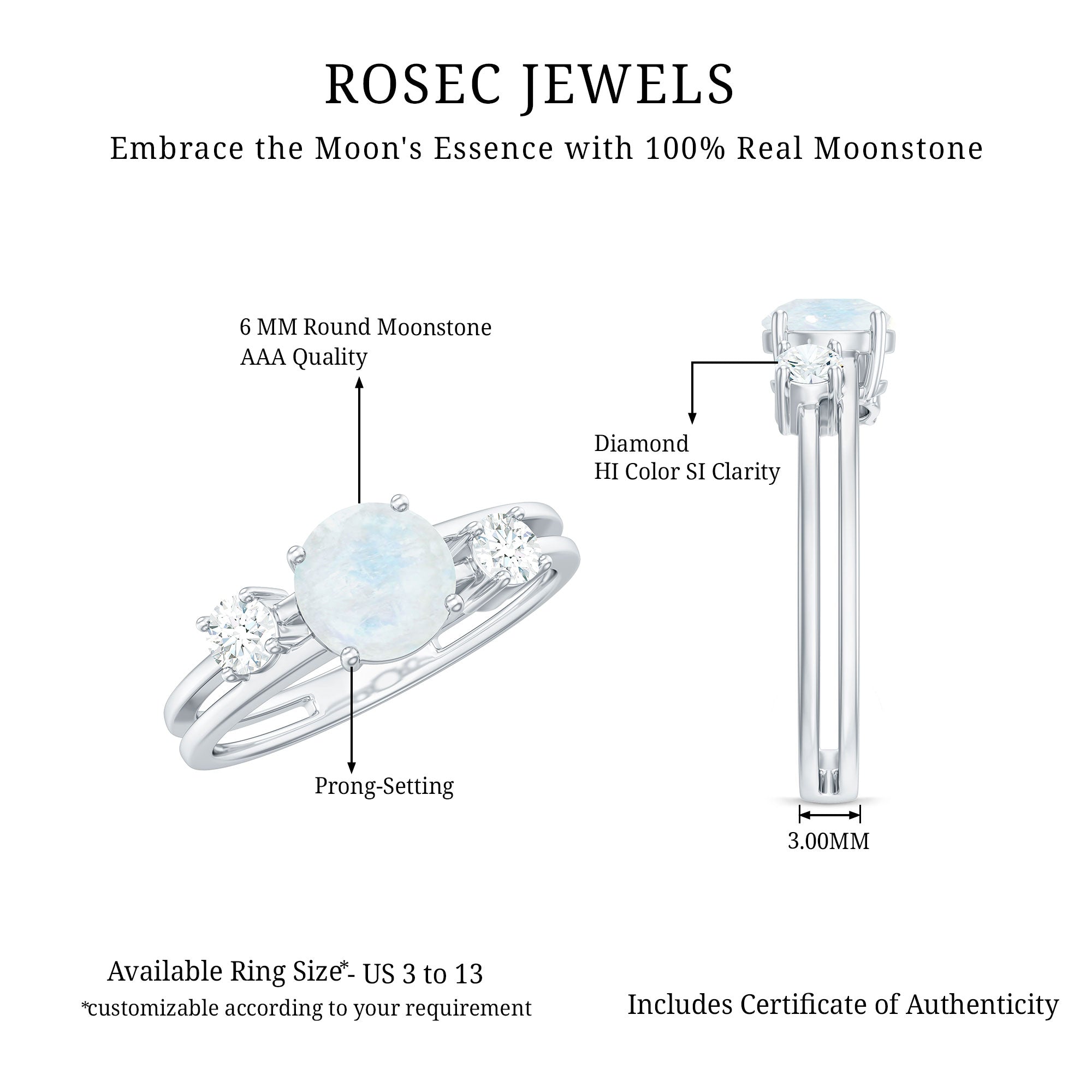 1/2 CT Moonstone Solitaire Double Band Ring with Diamond AAA - Rosec Jewels