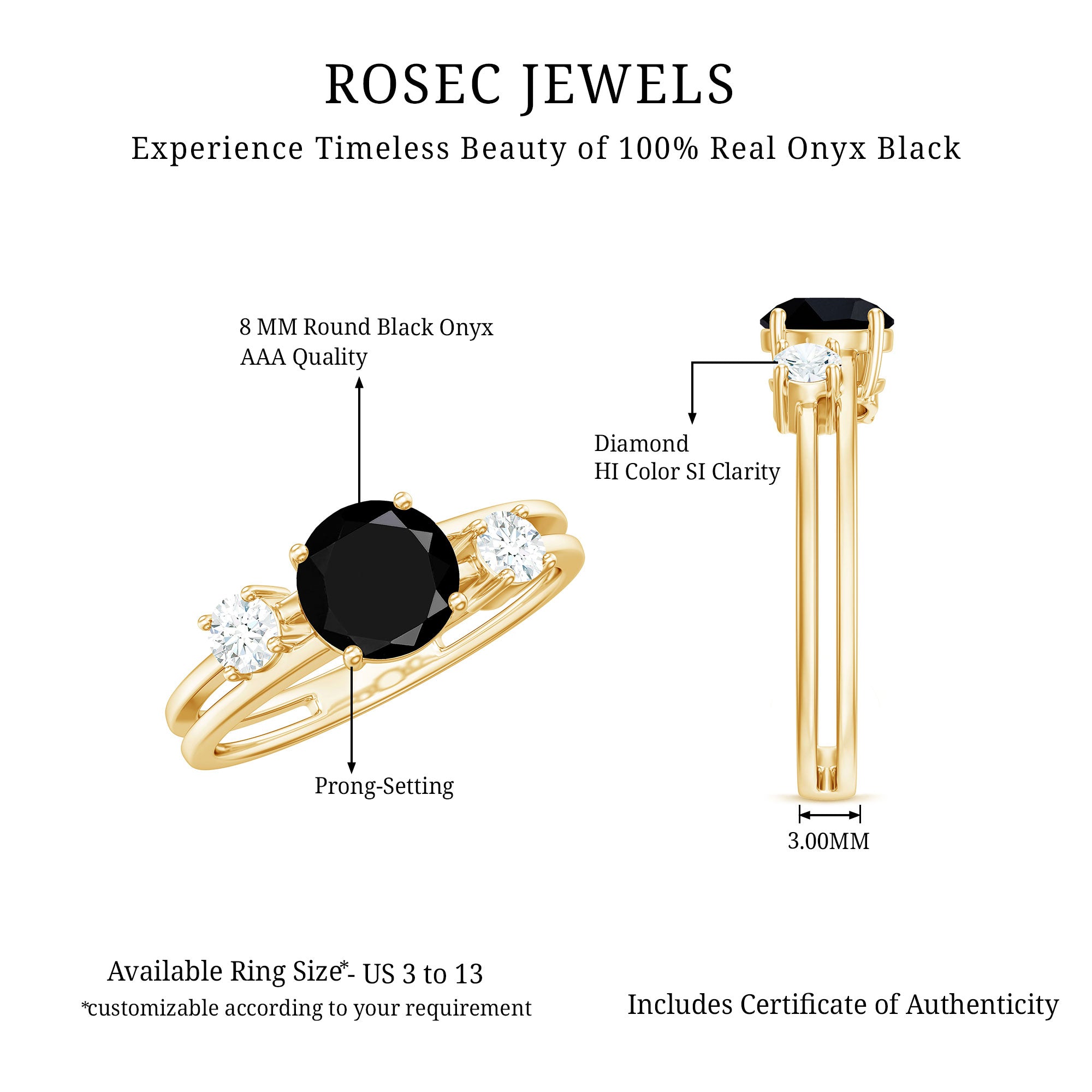 Real Black Onyx and Diamond Double Band Engagement Ring AAA - Rosec Jewels