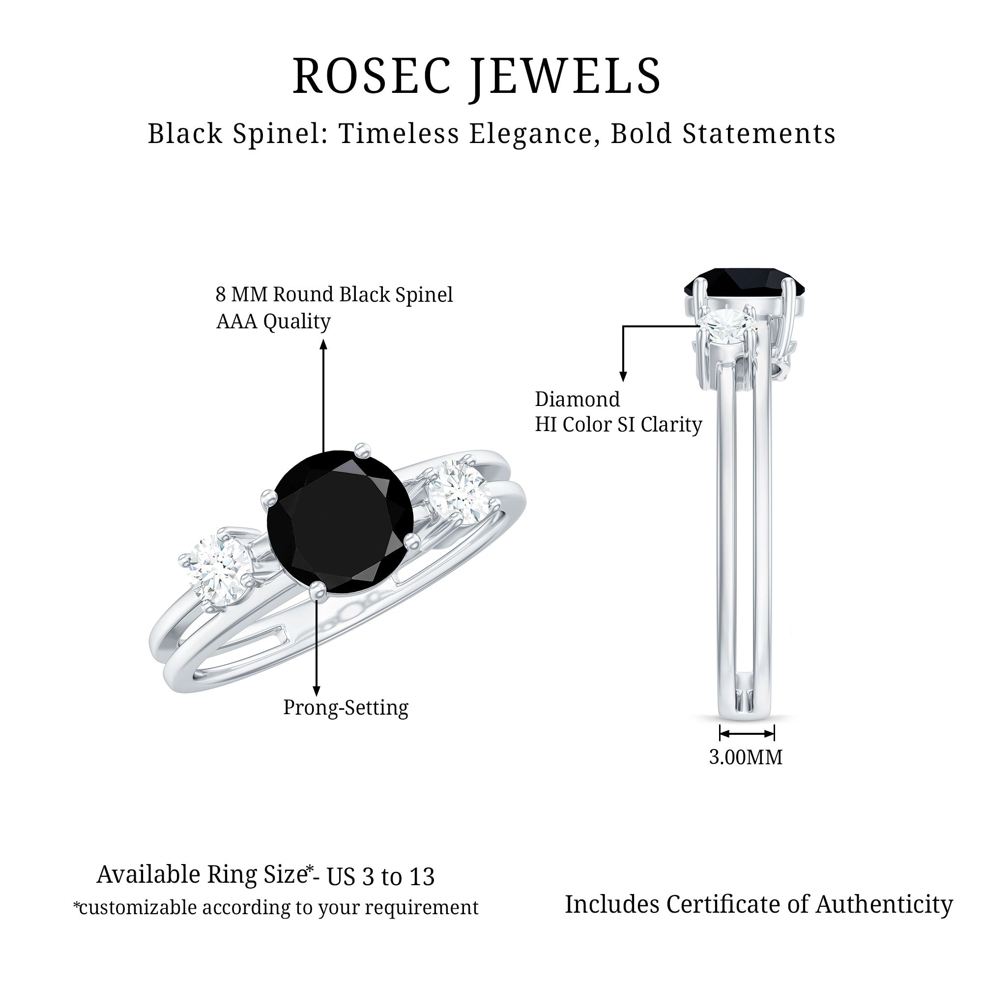 Natural Black Spinel Diamond Double Band Engagement Ring AAA - Rosec Jewels