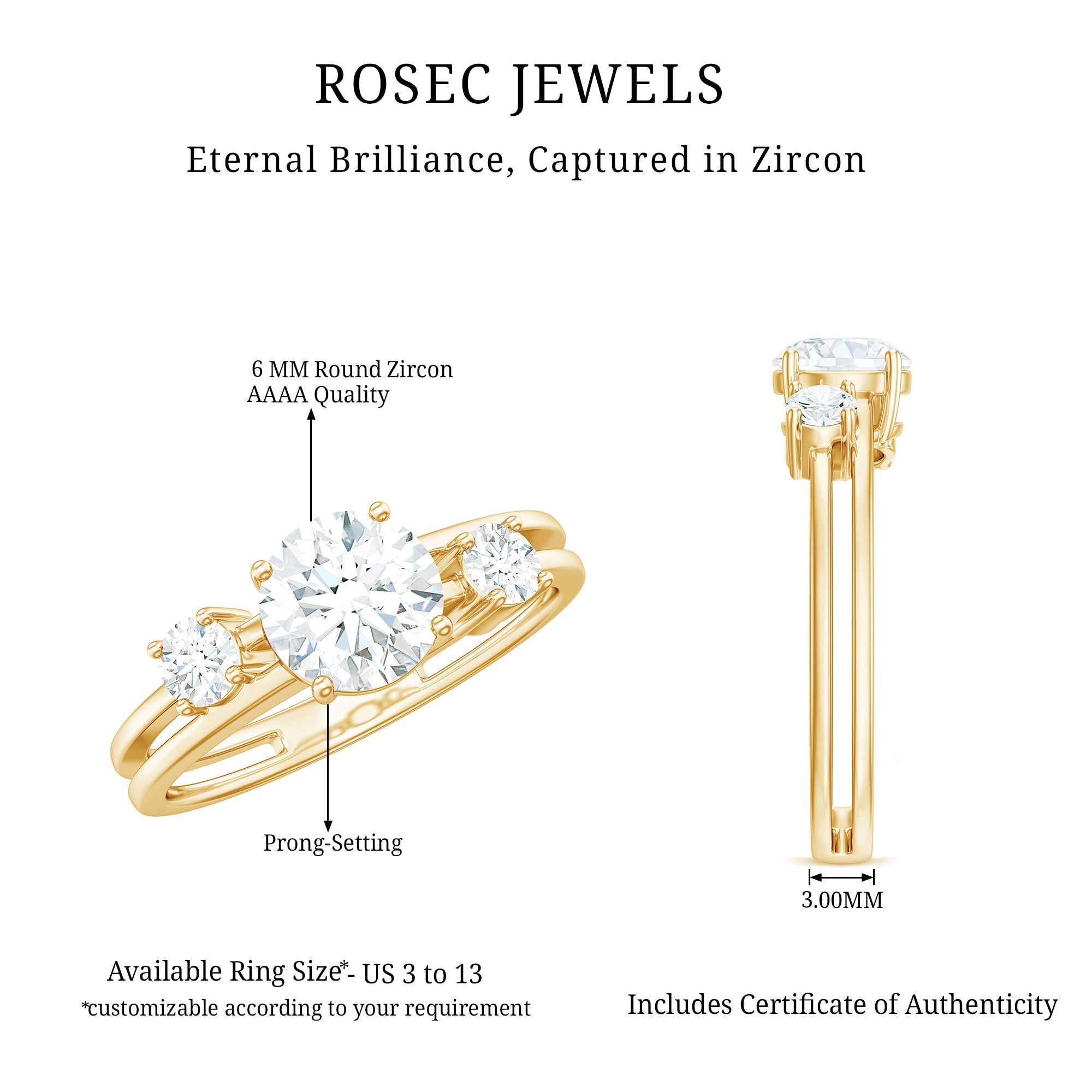 Certified Cubic Zirconia Three Stone Double Band Ring AAAA - Rosec Jewels