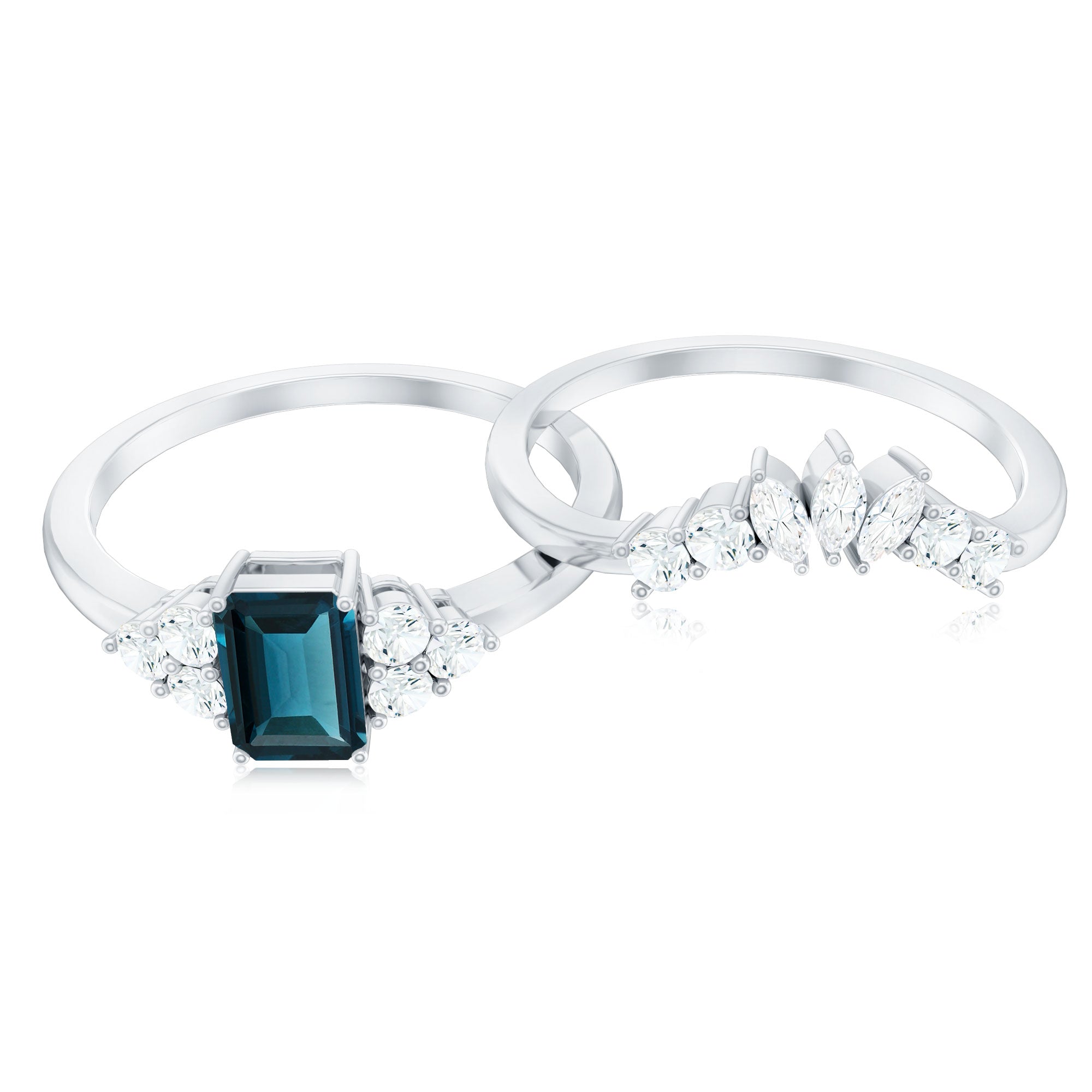 4X6mm Emerald Cut London Blue Topaz Designer Bridal Ring Set with Diamond AAA - Rosec Jewels