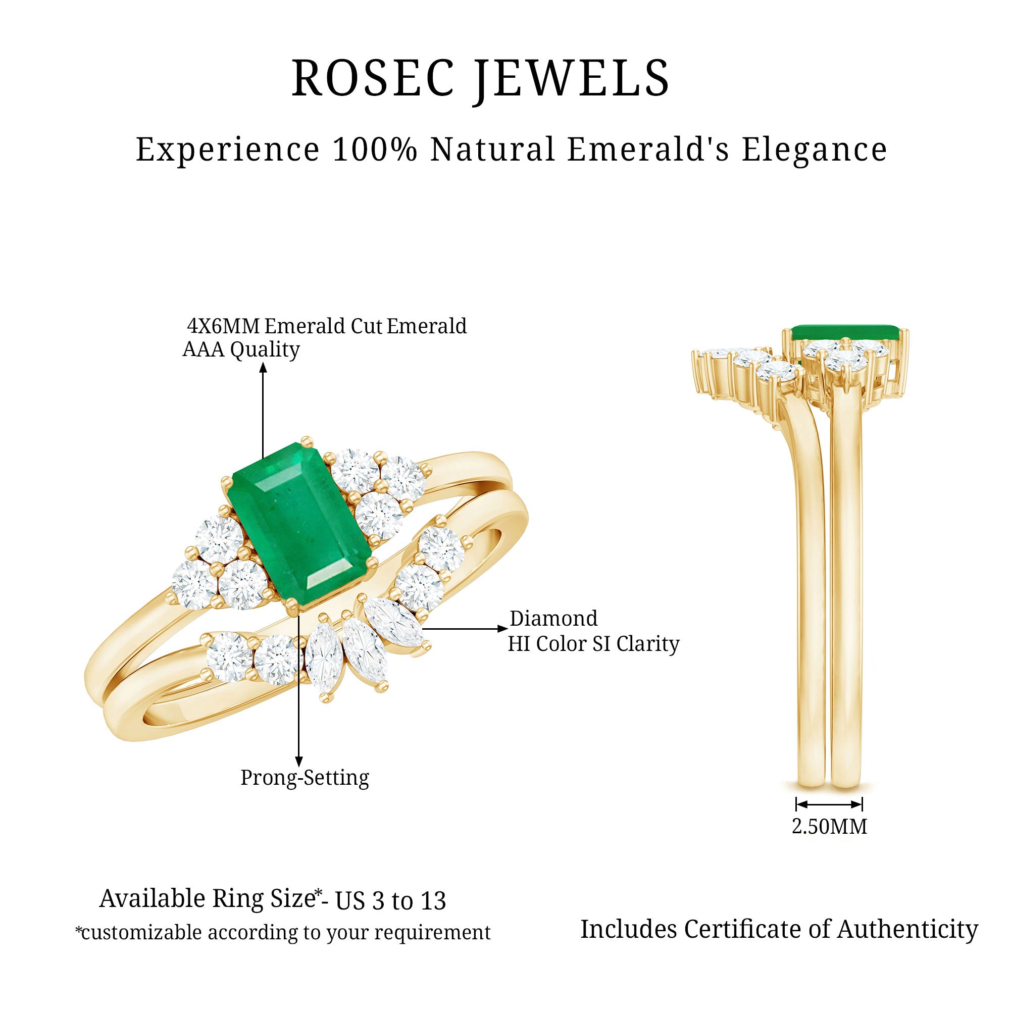 Certified Real Emerald Diamond Emerald Cut Engagement Ring and Wedding Band AAA - Rosec Jewels