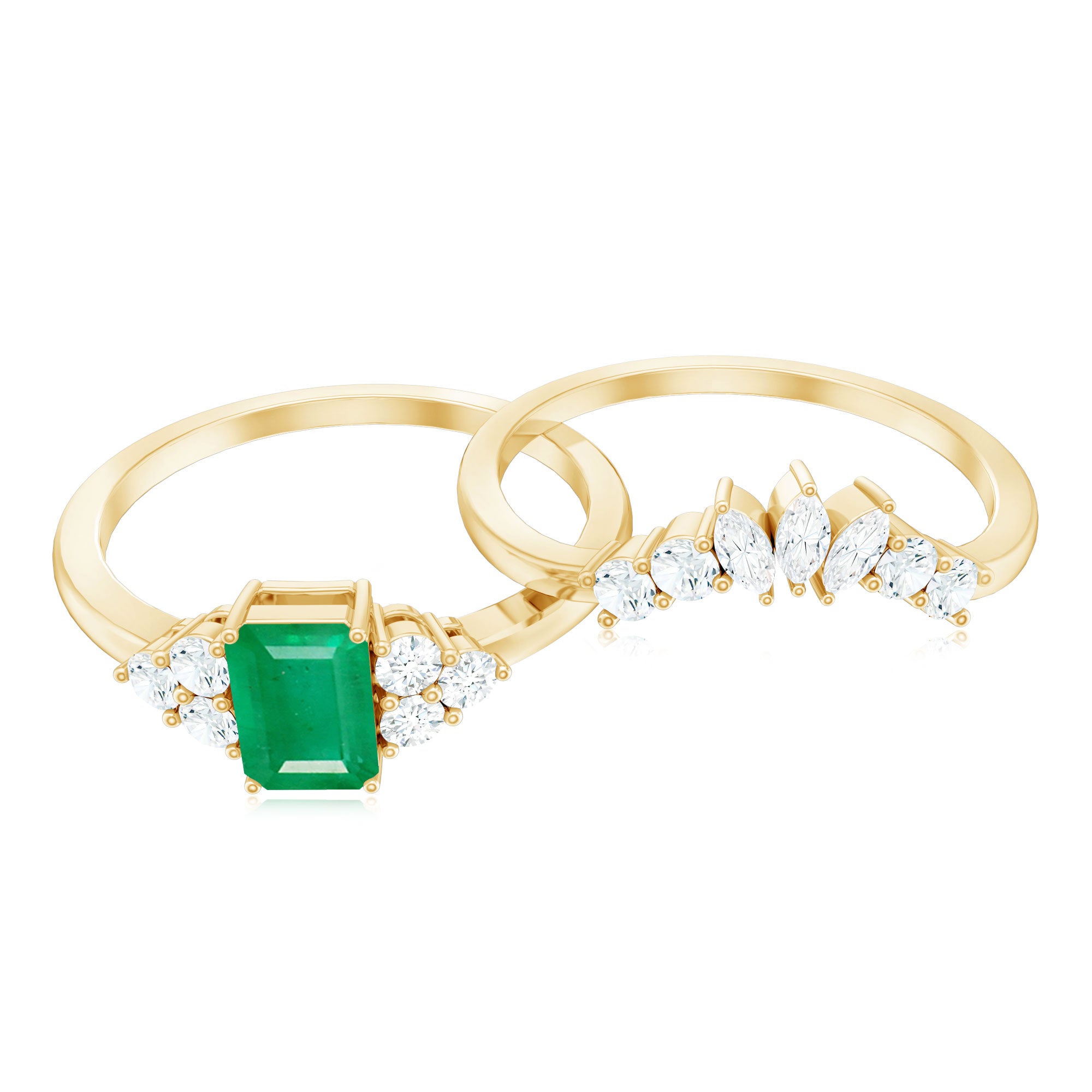 Certified Real Emerald Diamond Emerald Cut Engagement Ring and Wedding Band AAA - Rosec Jewels
