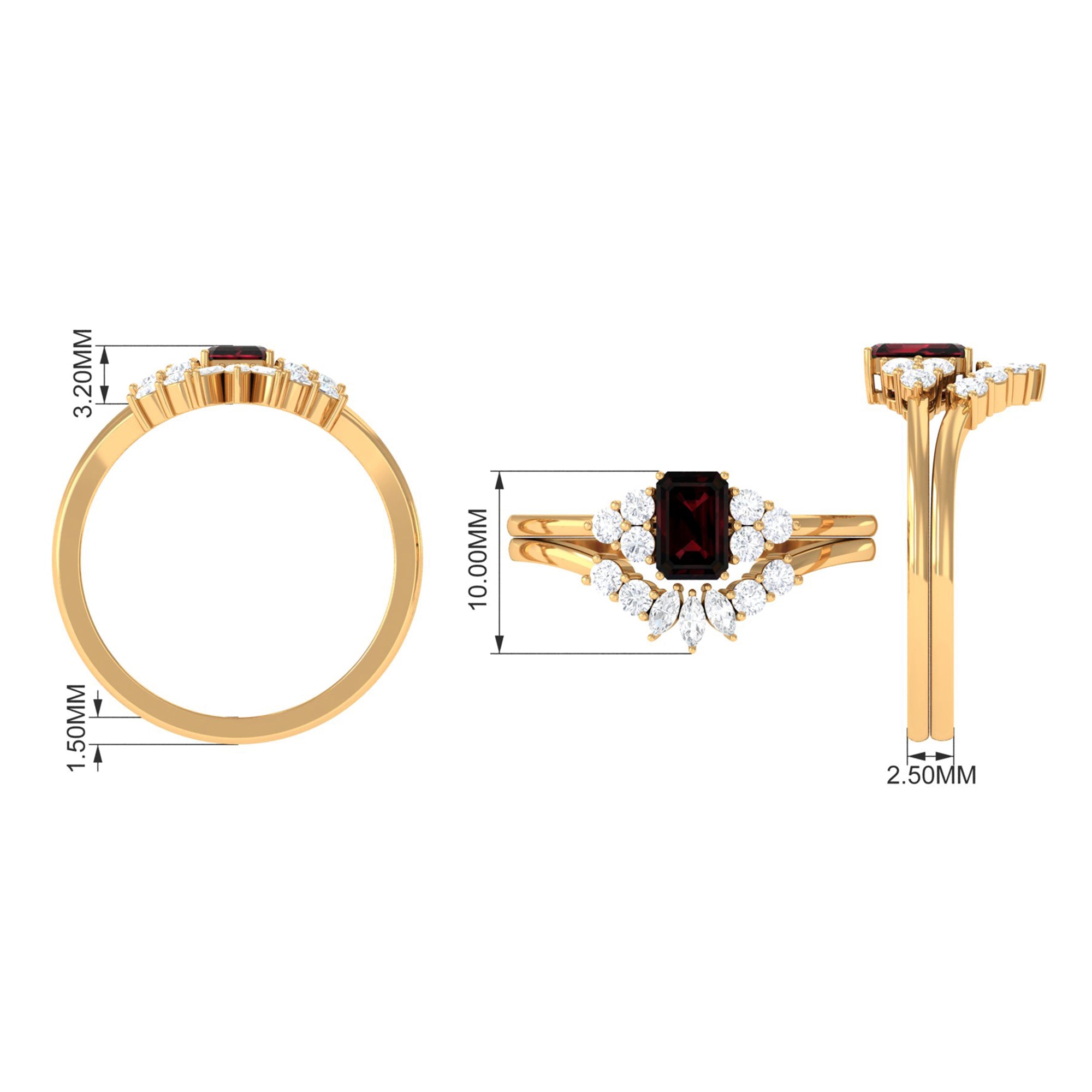 Genuine Garnet Diamond Emerald Cut Engagement Wedding Ring Set of 2 AAA - Rosec Jewels