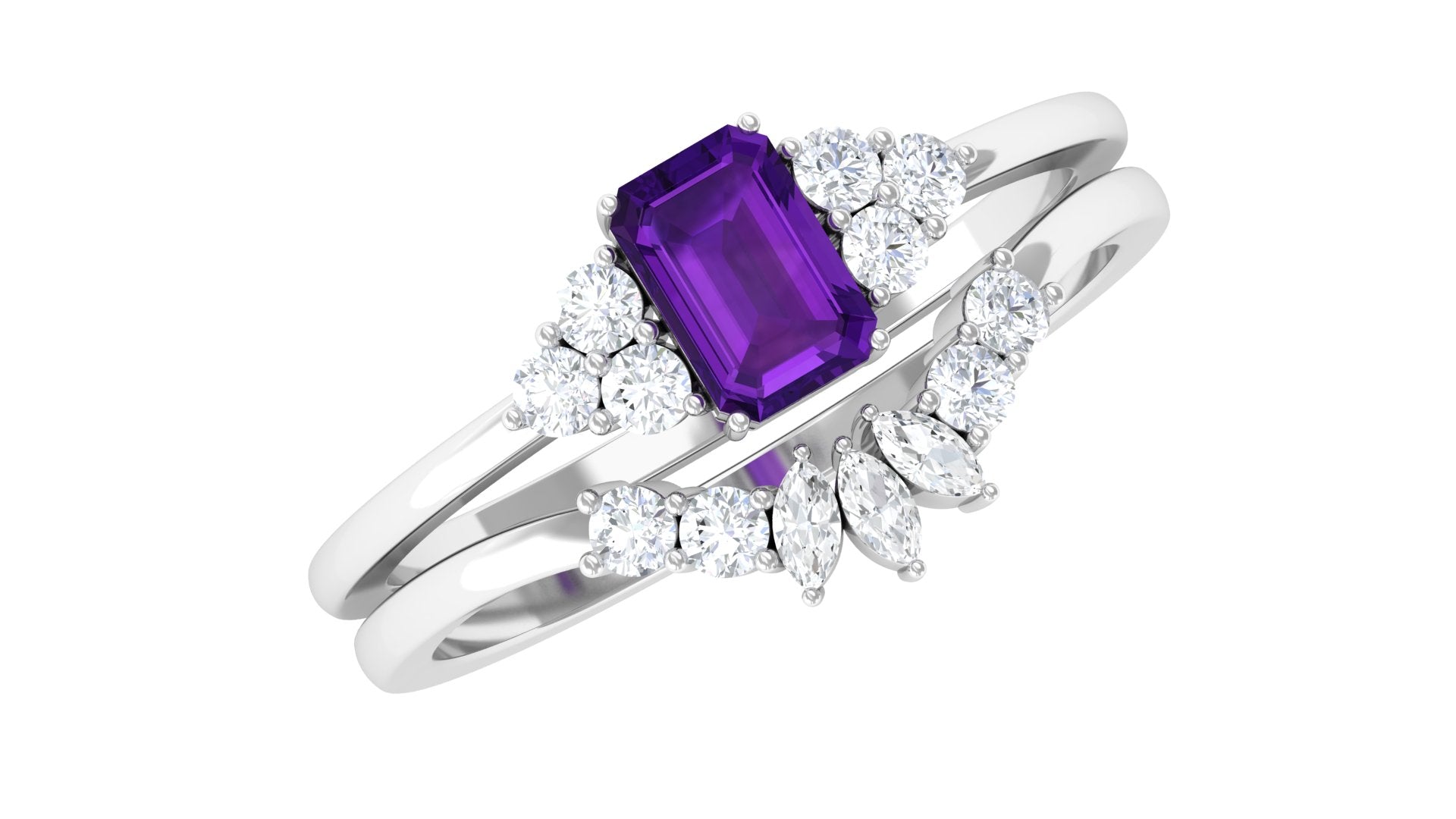 1.4 Carat Amethyst Emerald Cut Engagement Ring with Diamond Wedding Band AAA - Rosec Jewels