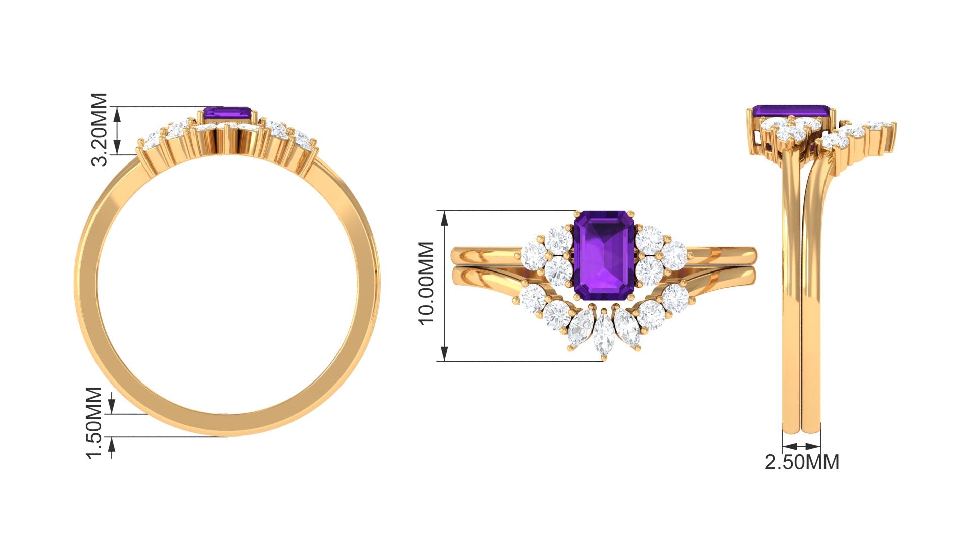 1.4 Carat Amethyst Emerald Cut Engagement Ring with Diamond Wedding Band AAA - Rosec Jewels