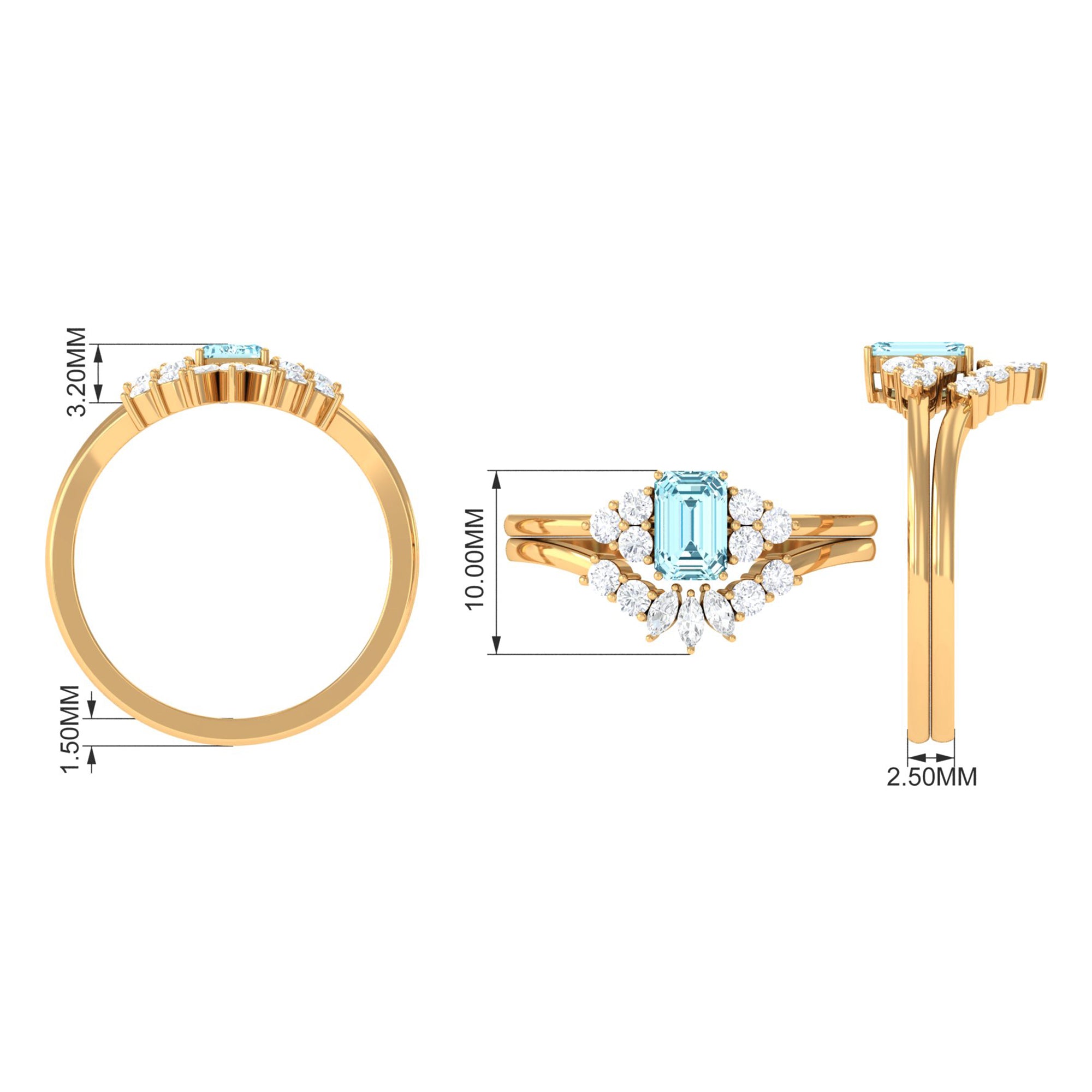 Natural Emerald Cut Aquamarine Marriage Ring Set with Diamond AAA - Rosec Jewels