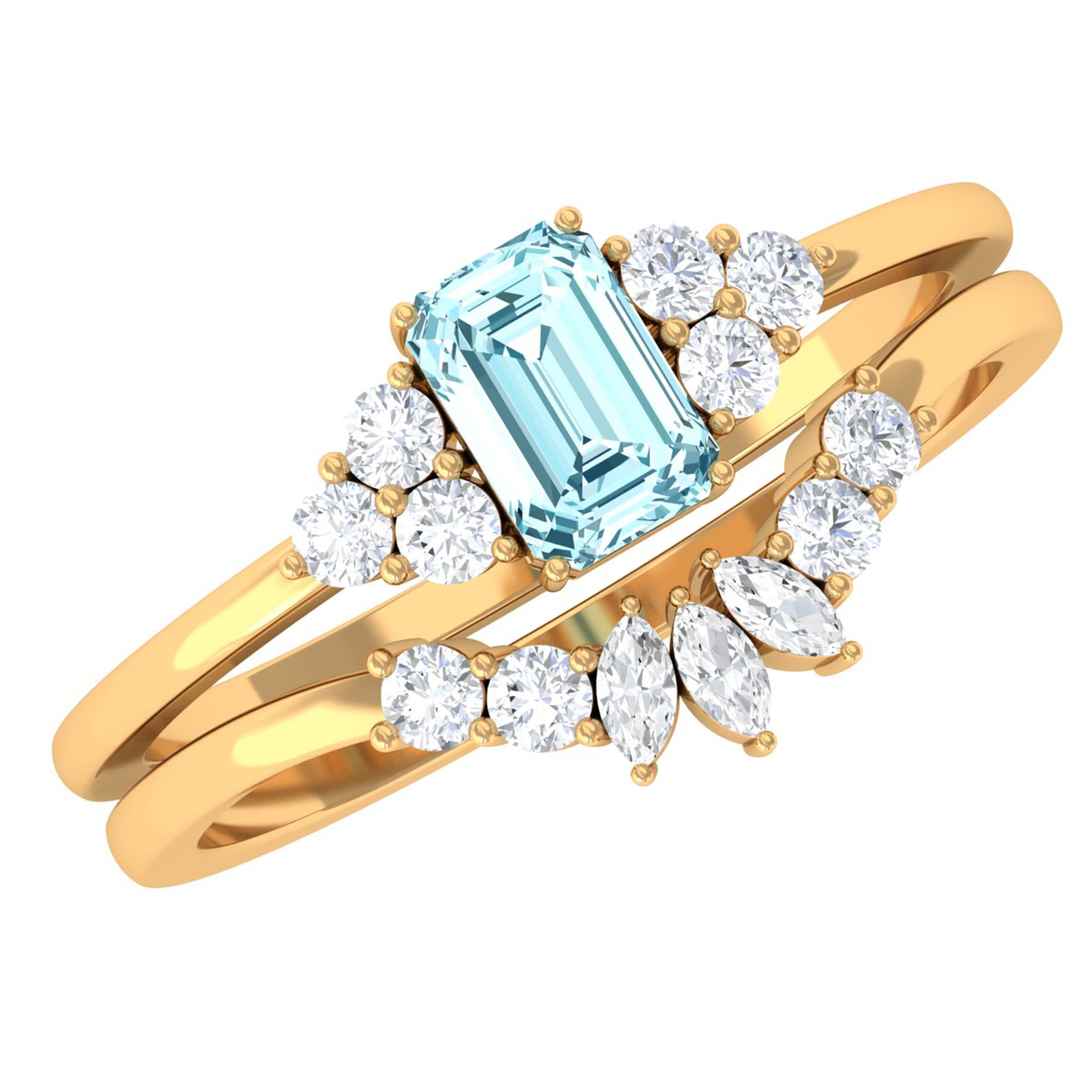 Natural Emerald Cut Aquamarine Marriage Ring Set with Diamond AAA - Rosec Jewels