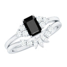 Emerald Cut Black Onyx Engagement Ring with Diamond Wedding Band AAA - Rosec Jewels