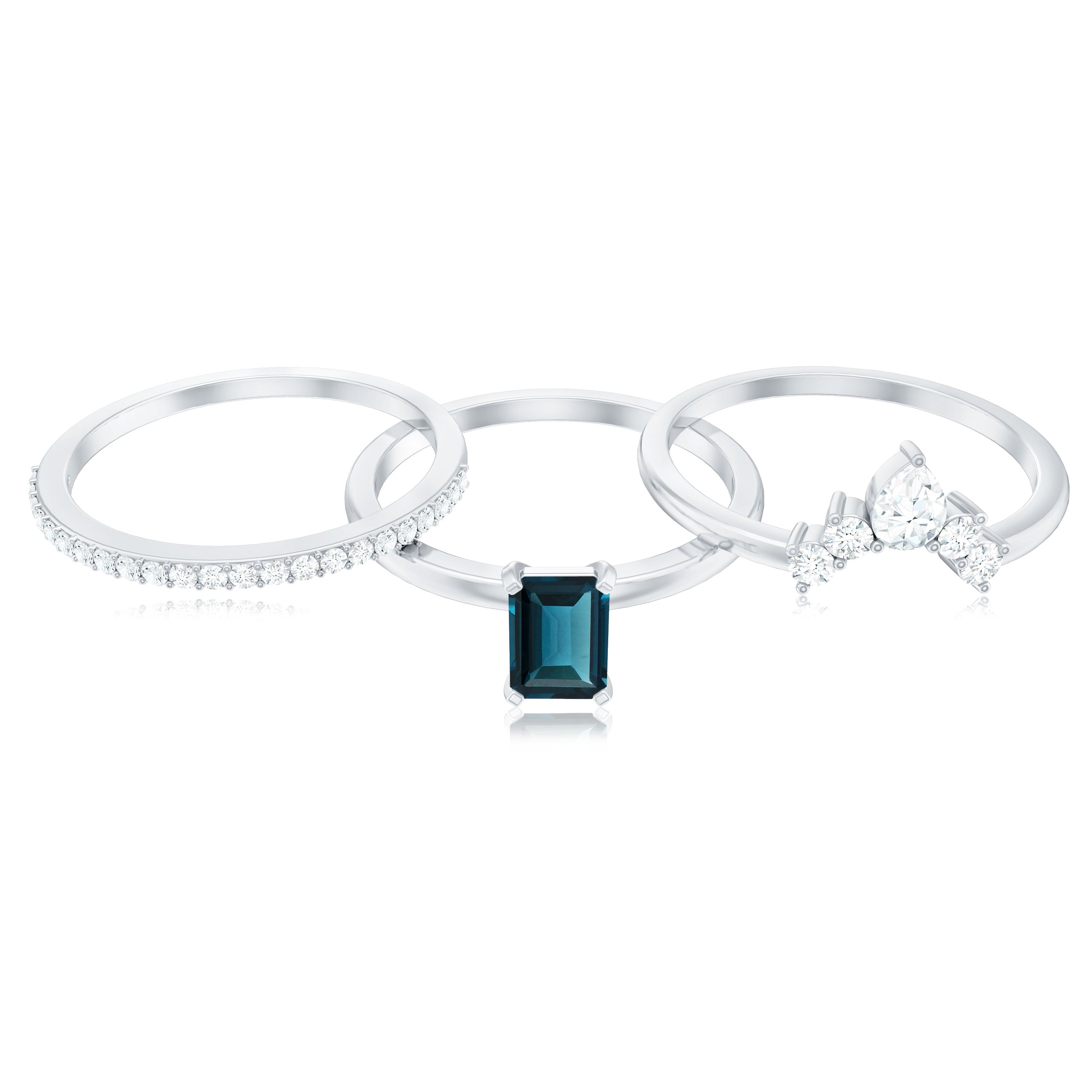 4X6mm Emerald Cut London Blue Topaz Solitaire Trio Ring Set with Diamond AAA - Rosec Jewels