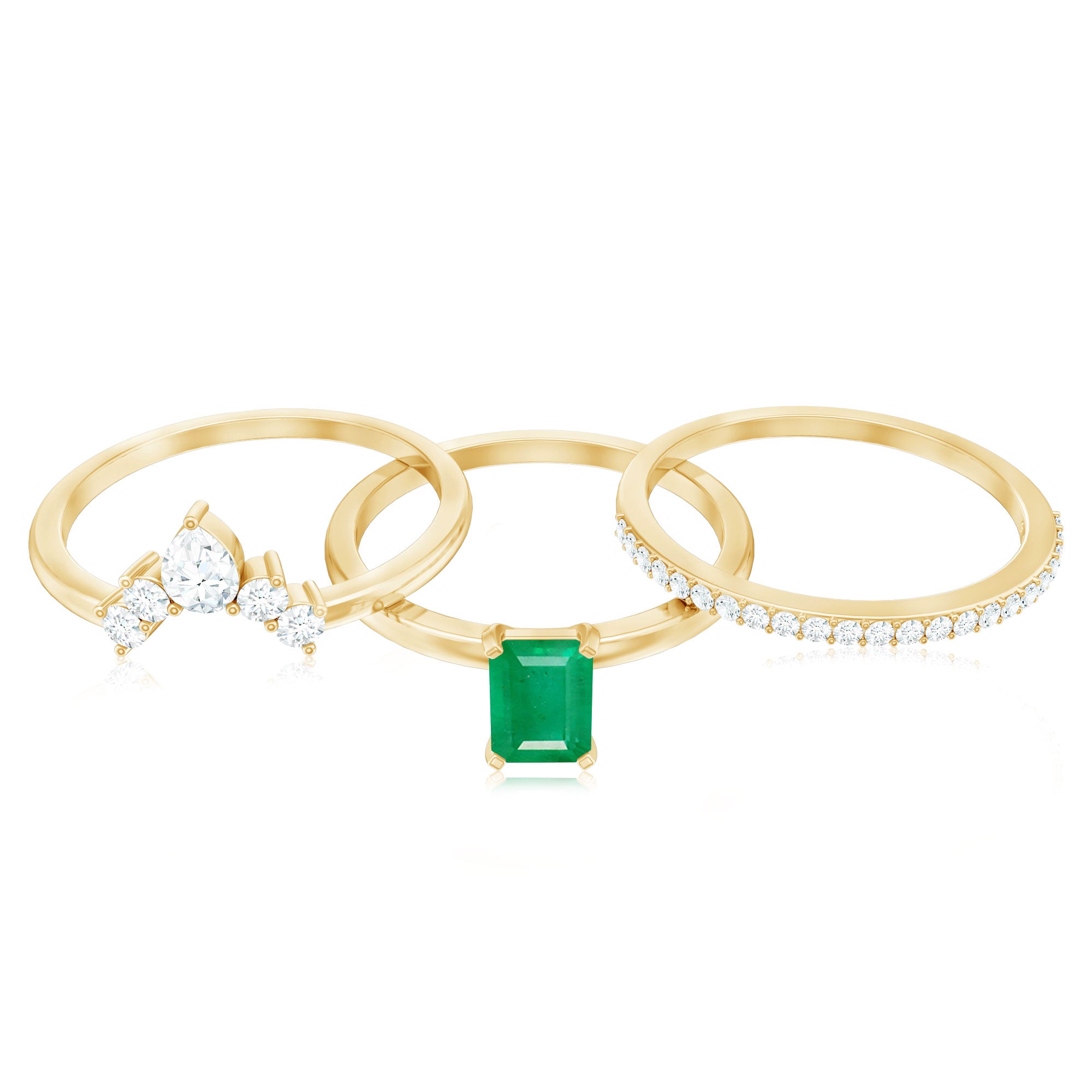 Rosec Jewels-Natural Emerald Cut Emerald Diamond Bridal Ring Set of 3