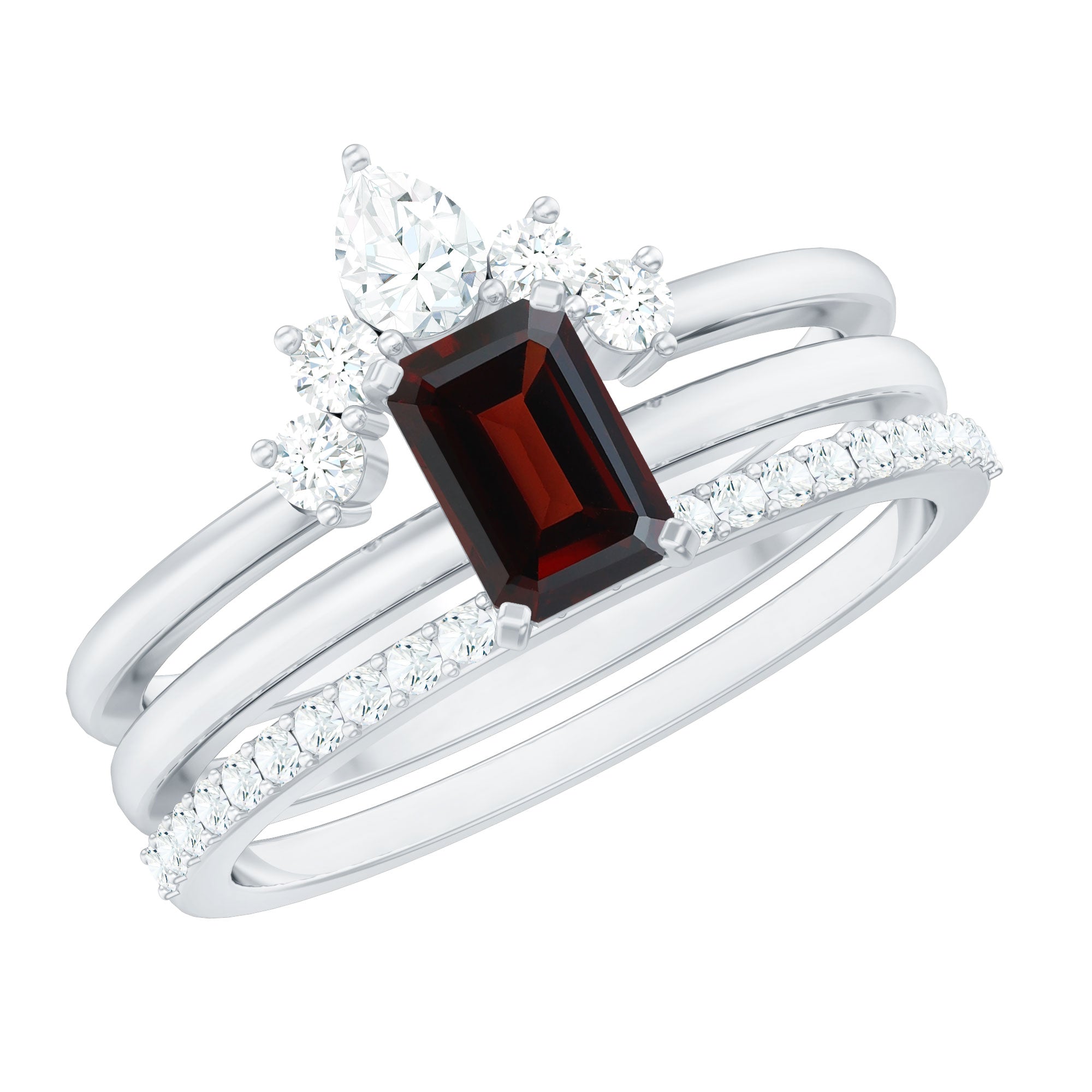 Natural Emerald Cut Garnet Diamond 3 Piece Wedding Ring Set AAA - Rosec Jewels