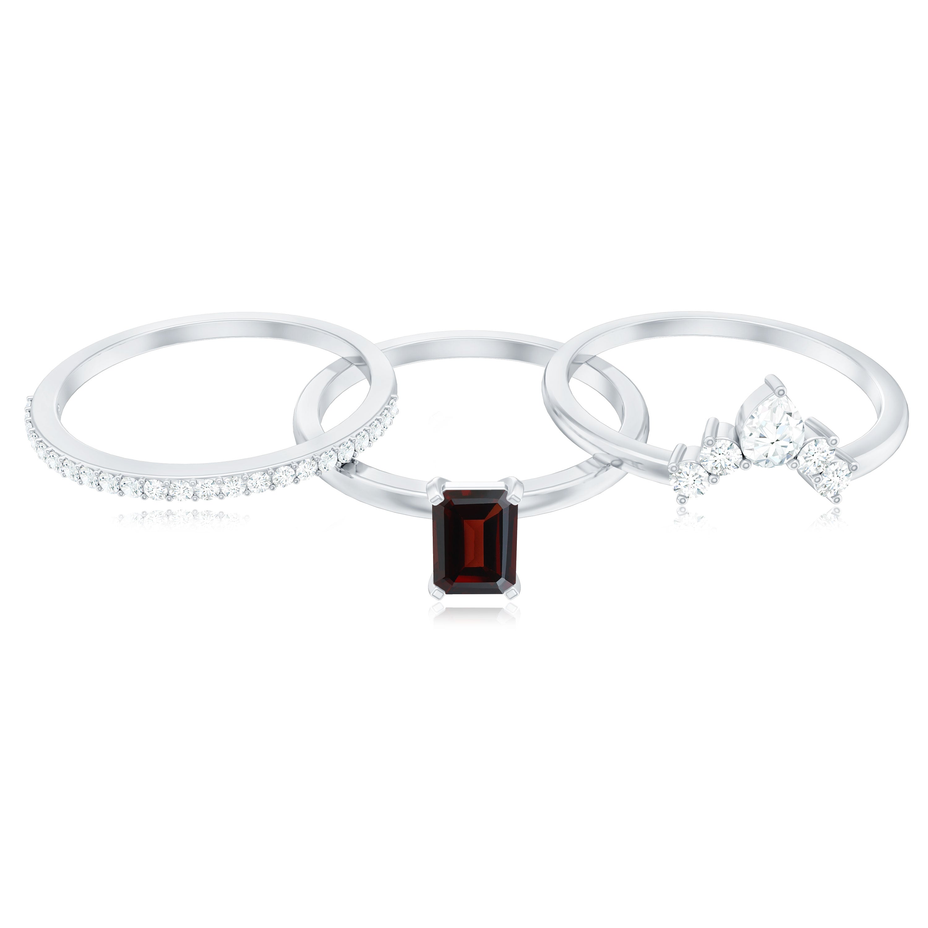 Natural Emerald Cut Garnet Diamond 3 Piece Wedding Ring Set AAA - Rosec Jewels