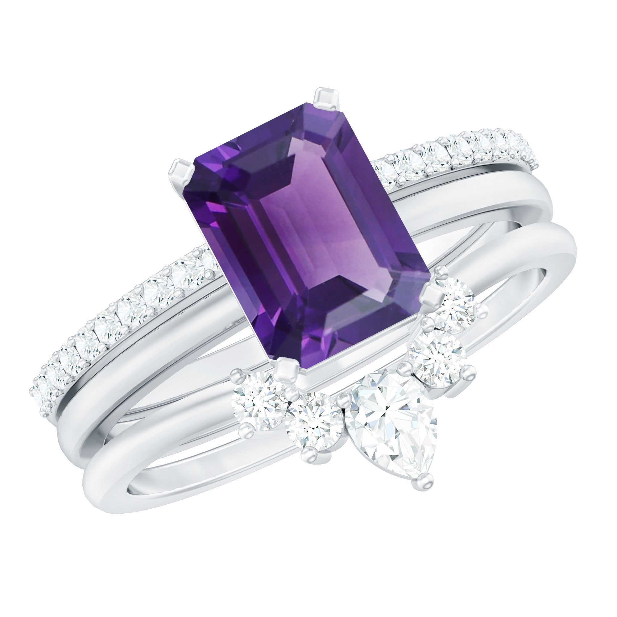 Natural 1.4 Carat Amethyst 3 Piece Bridal Ring Set with Diamond AAA - Rosec Jewels