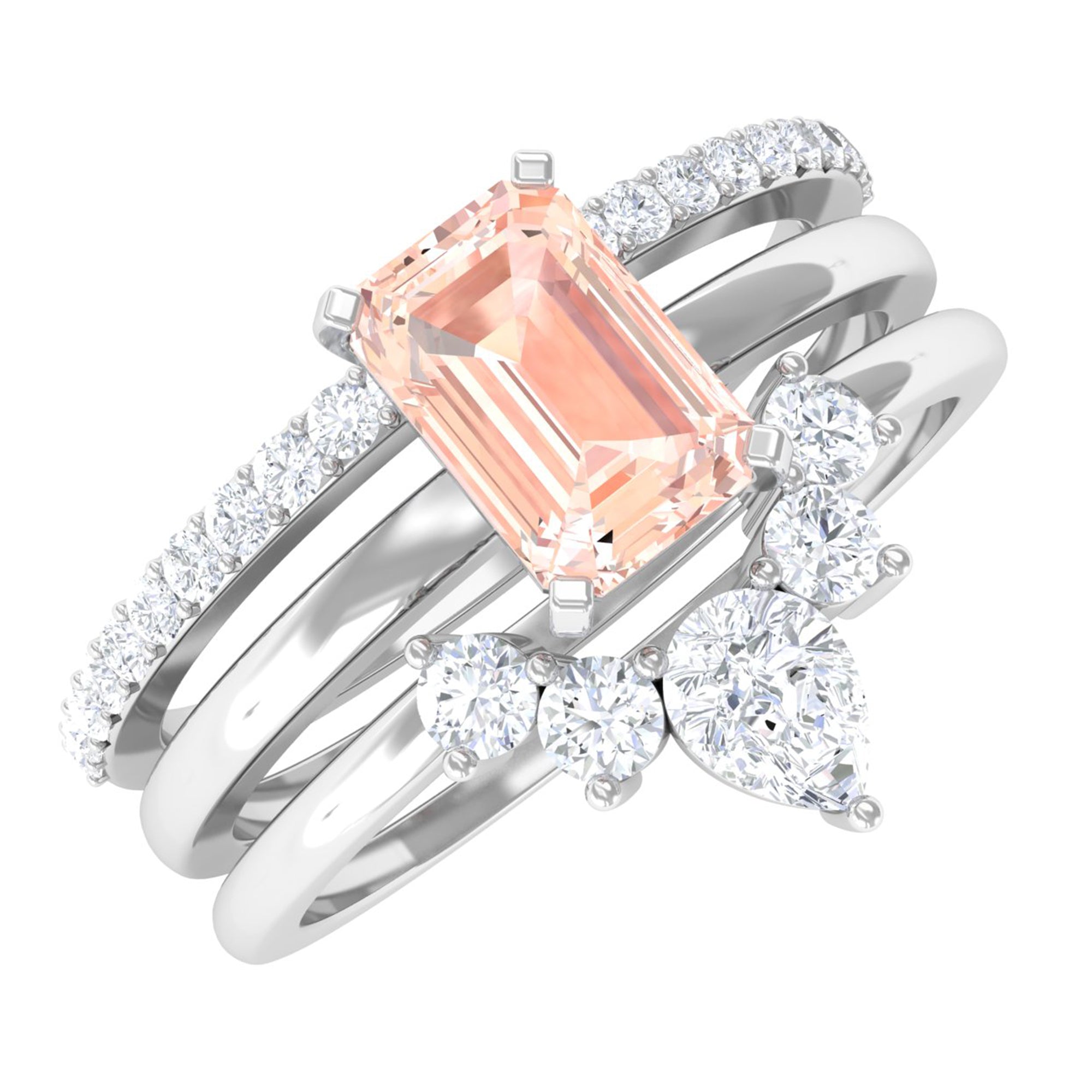 Emerald Cut Morganite Solitaire Ring Set of 3 with Diamond